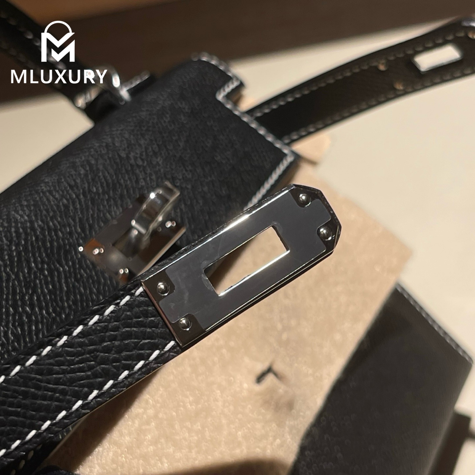 Hermès Mini Kelly II, Genuine Epsom leather, Black interior with pearl grey accents, Silver hardware