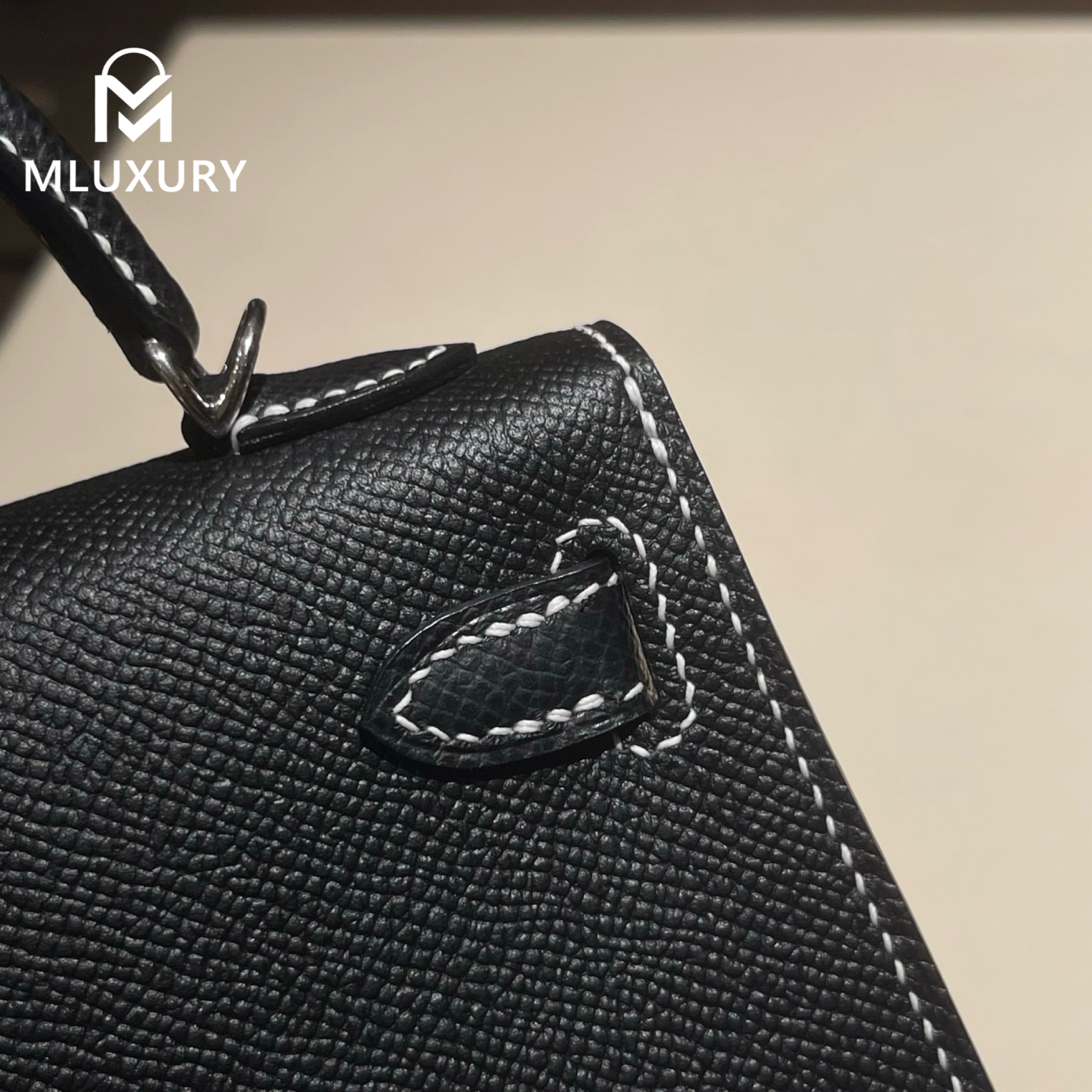 Hermès Mini Kelly II, Genuine Epsom leather, Black interior with pearl grey accents, Silver hardware