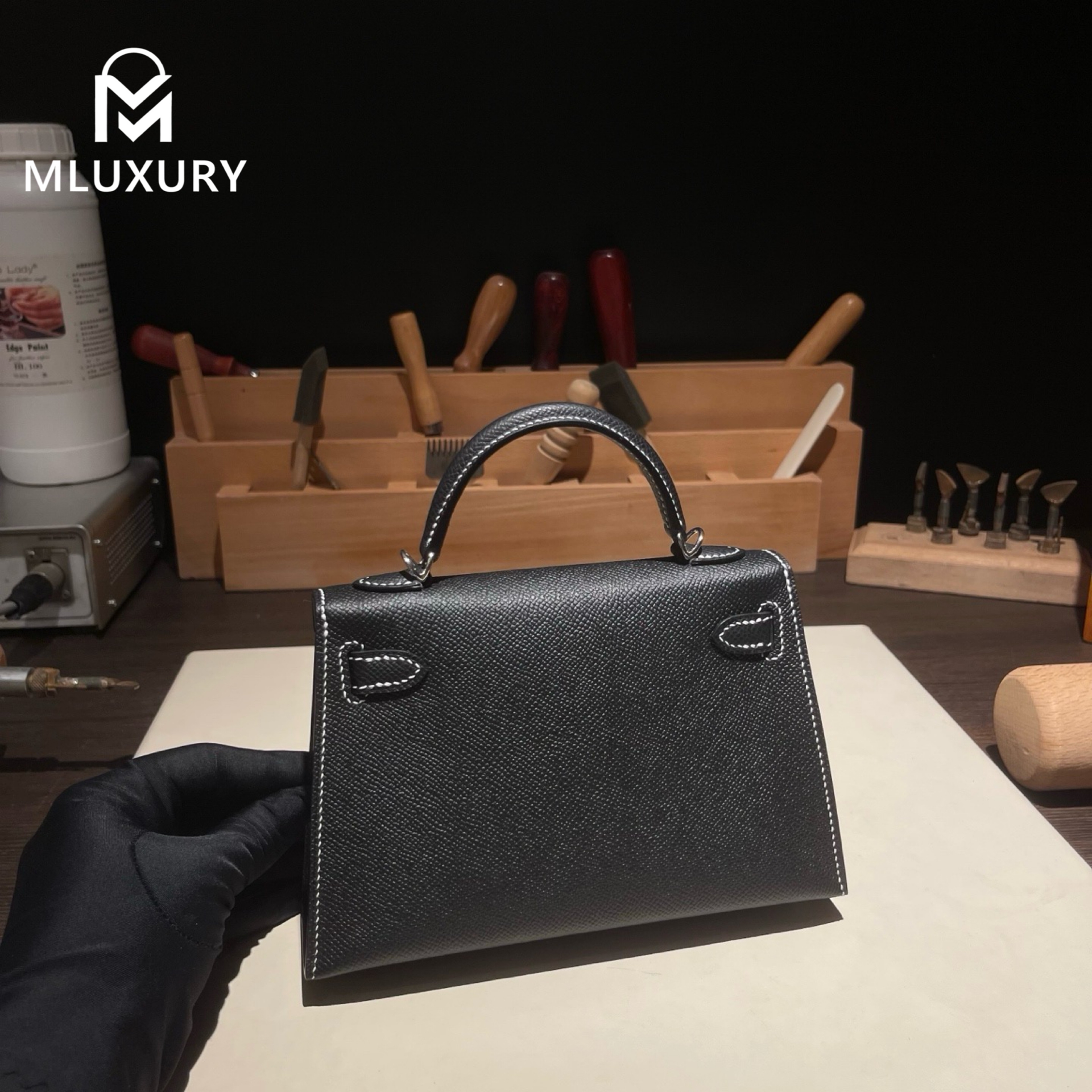 Hermès Mini Kelly II, Genuine Epsom leather, Black interior with pearl grey accents, Silver hardware