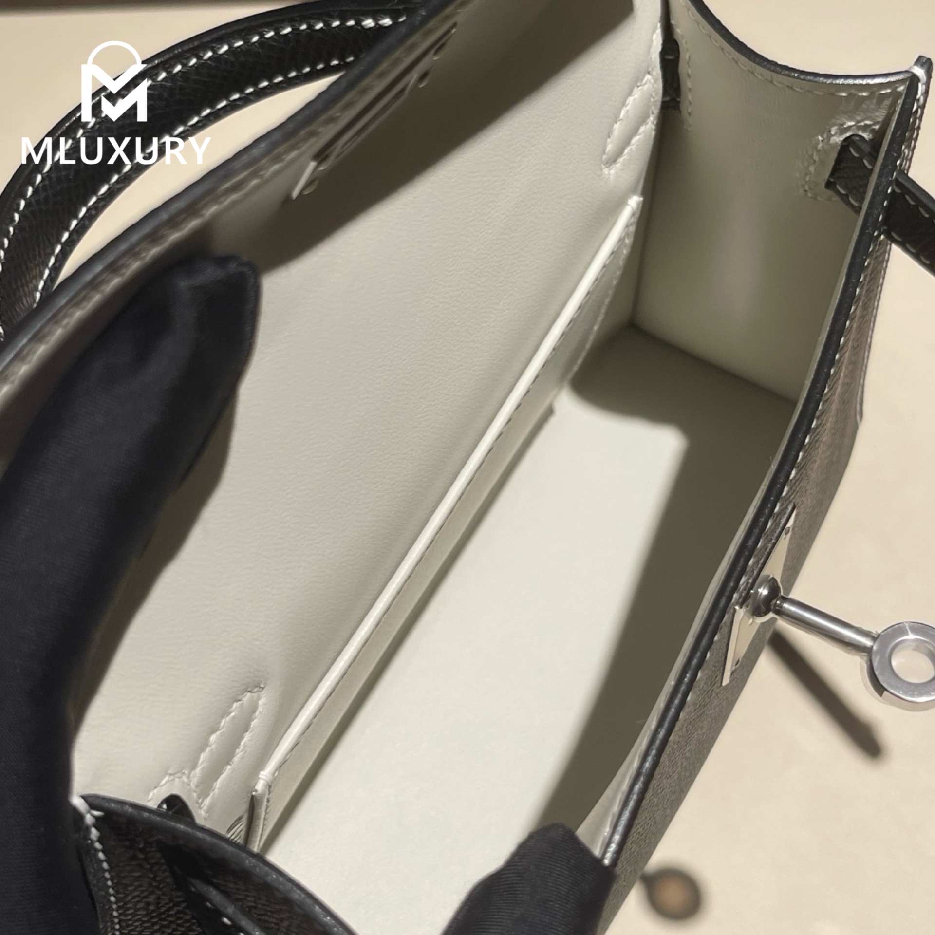 Hermès Mini Kelly II, Genuine Epsom leather, Black interior with pearl grey accents, Silver hardware