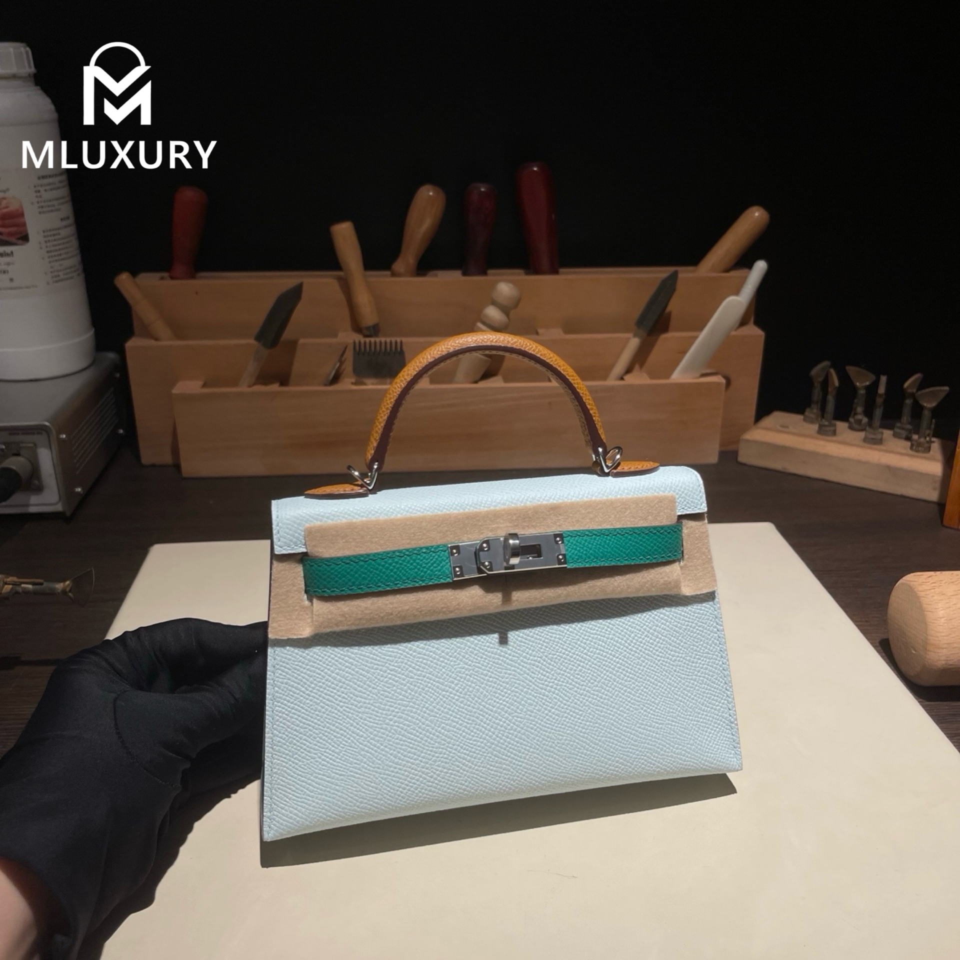 Hermès Mini Kelly II, Genuine Epsom leather, Three-tone special order: Dusty Blue/Imperial Green/Golden Brown,  Silver hardware