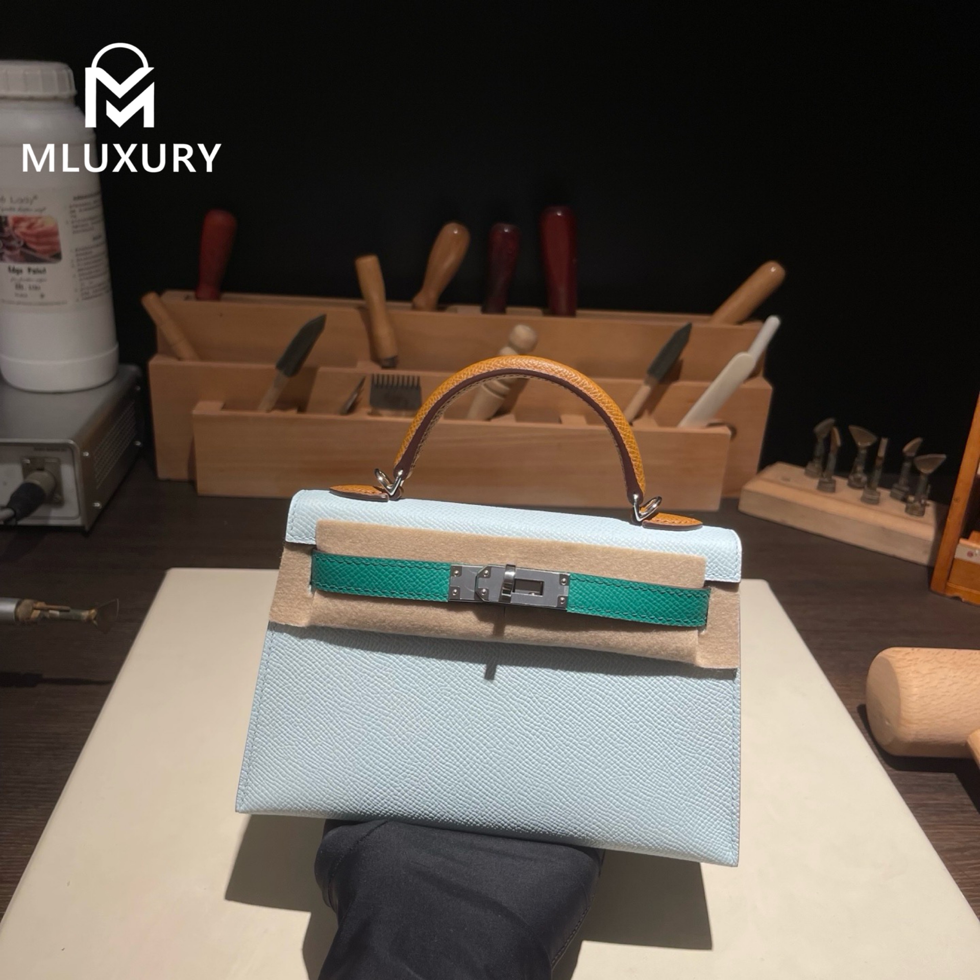 Hermès Mini Kelly II, Genuine Epsom leather, Three-tone special order: Dusty Blue/Imperial Green/Golden Brown,  Silver hardware