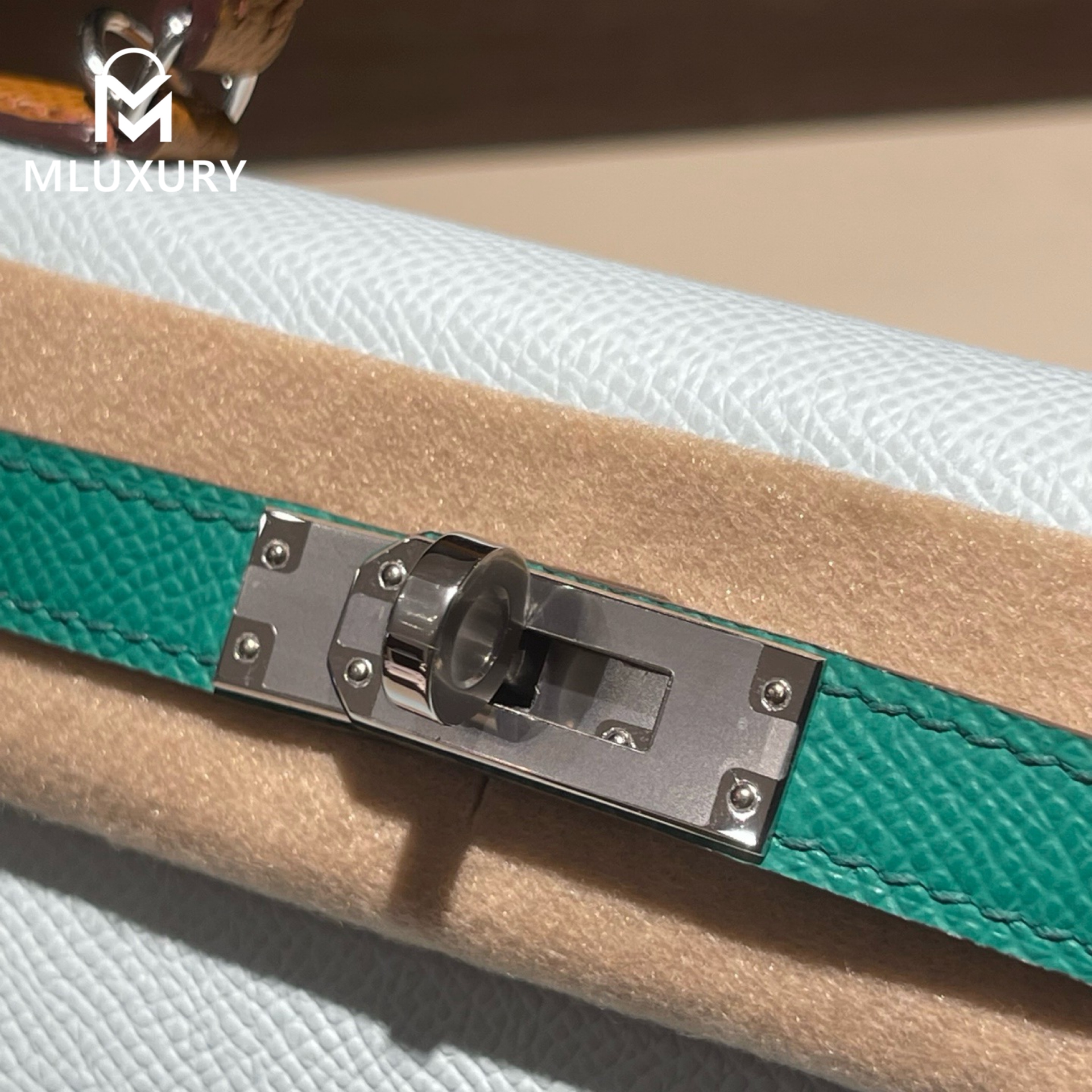 Hermès Mini Kelly II, Genuine Epsom leather, Three-tone special order: Dusty Blue/Imperial Green/Golden Brown,  Silver hardware
