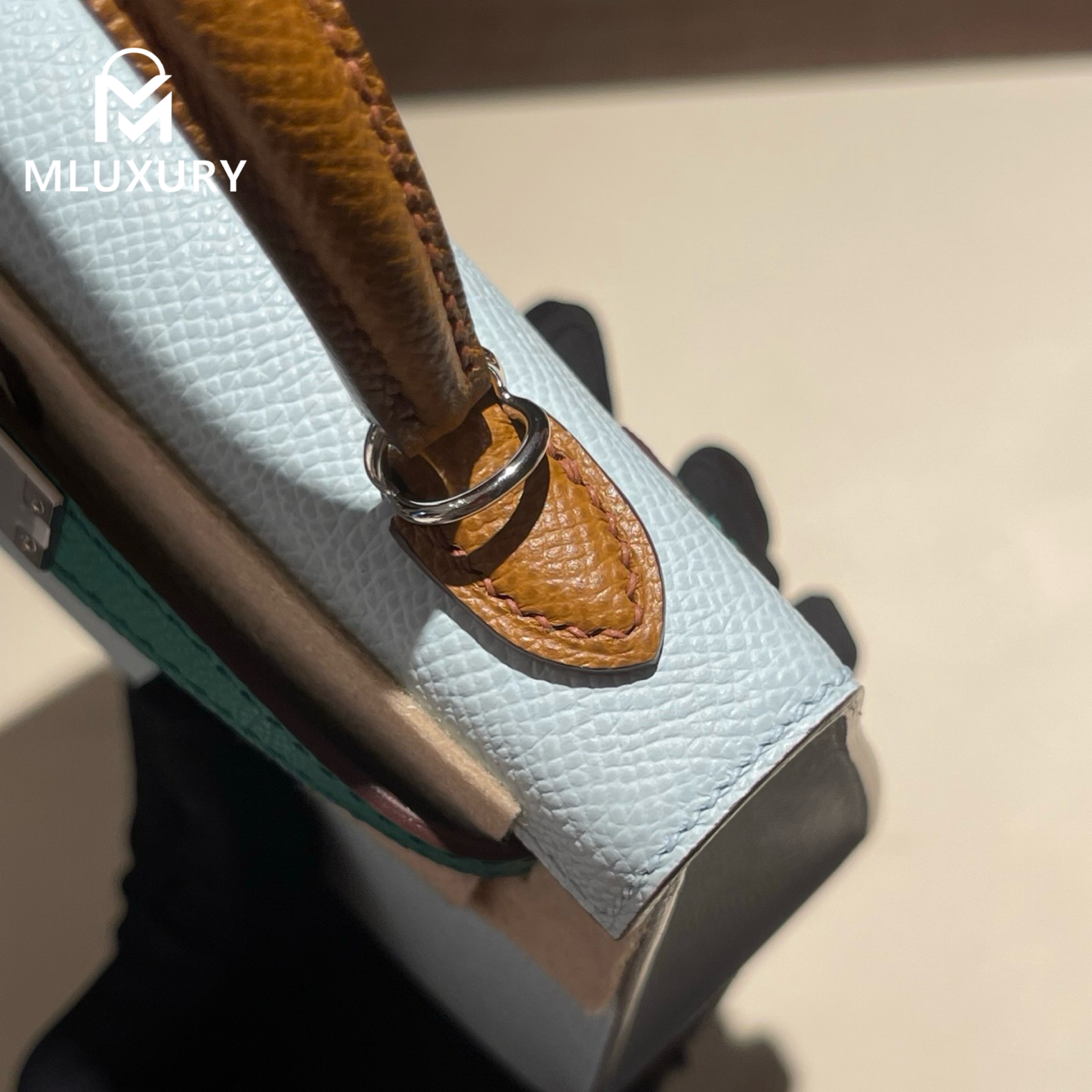 Hermès Mini Kelly II, Genuine Epsom leather, Three-tone special order: Dusty Blue/Imperial Green/Golden Brown,  Silver hardware