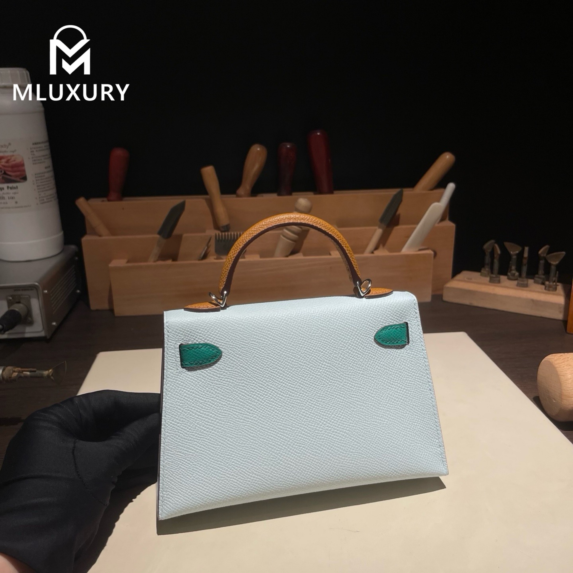 Hermès Mini Kelly II, Genuine Epsom leather, Three-tone special order: Dusty Blue/Imperial Green/Golden Brown,  Silver hardware