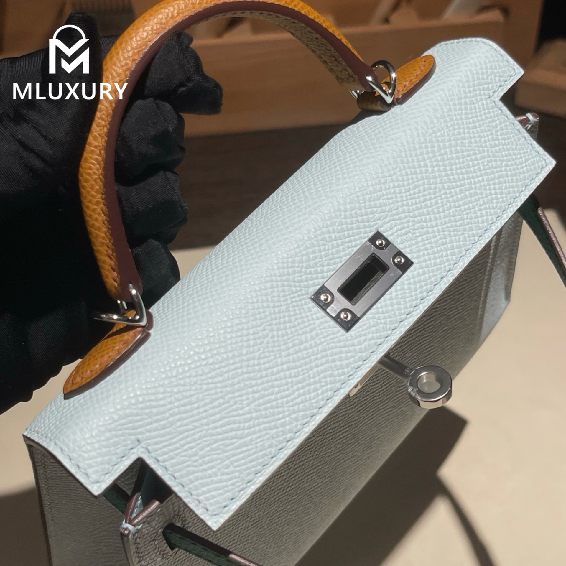 Hermès Mini Kelly II, Genuine Epsom leather, Three-tone special order: Dusty Blue/Imperial Green/Golden Brown,  Silver hardware
