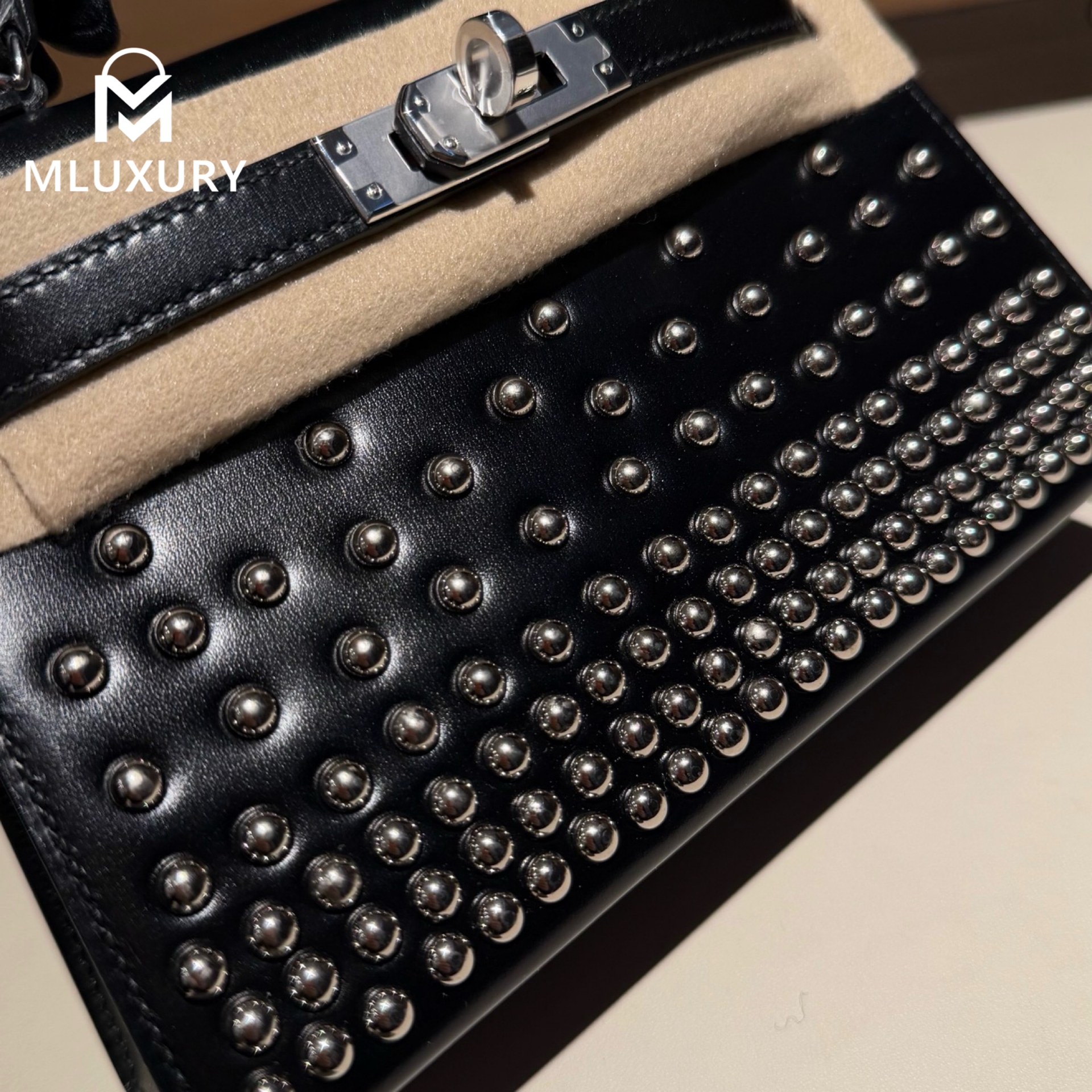 Hermès Mini Kelly II, Box Leather, Studded, Black, Silver Buckle