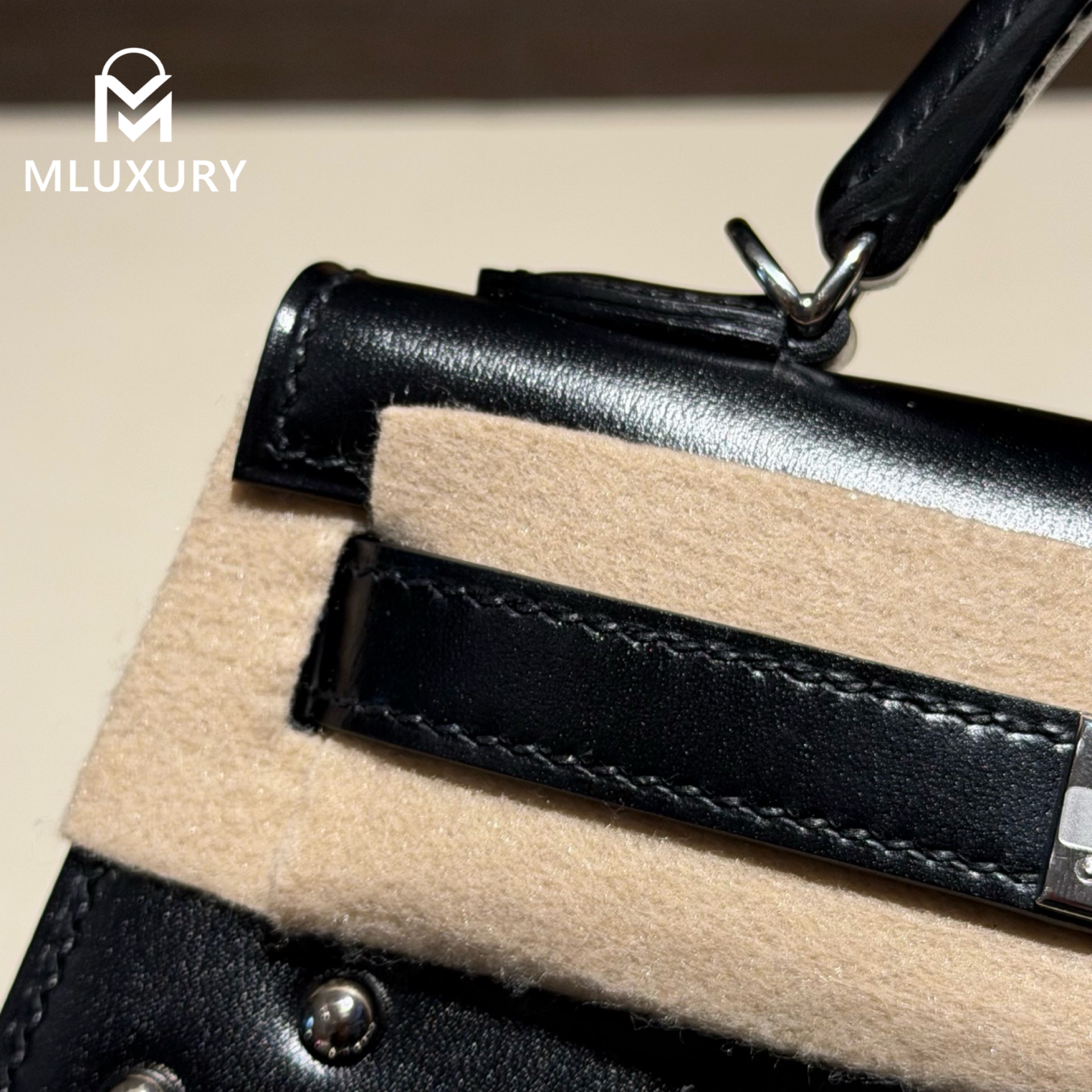 Hermès Mini Kelly II, Box Leather, Studded, Black, Silver Buckle
