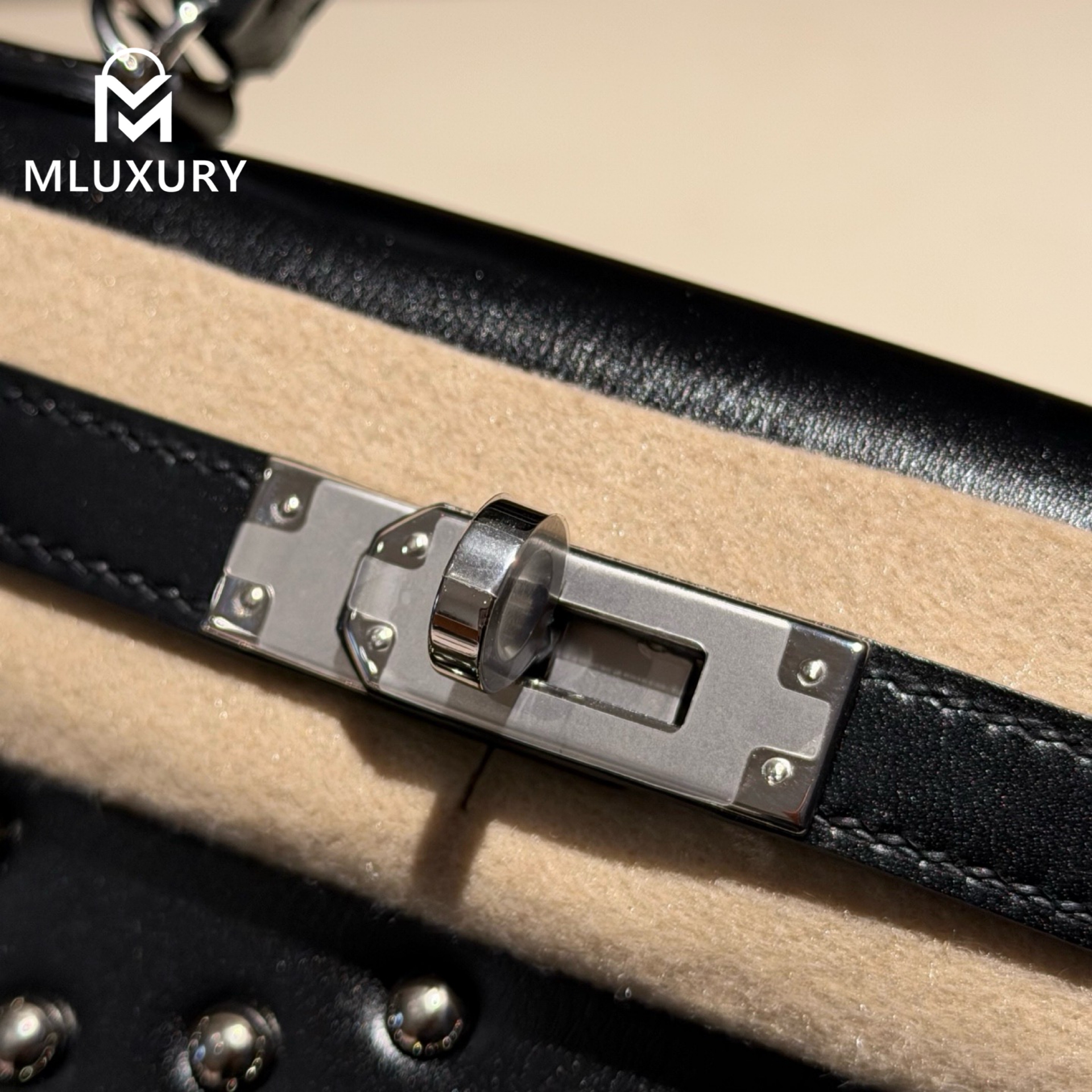 Hermès Mini Kelly II, Box Leather, Studded, Black, Silver Buckle