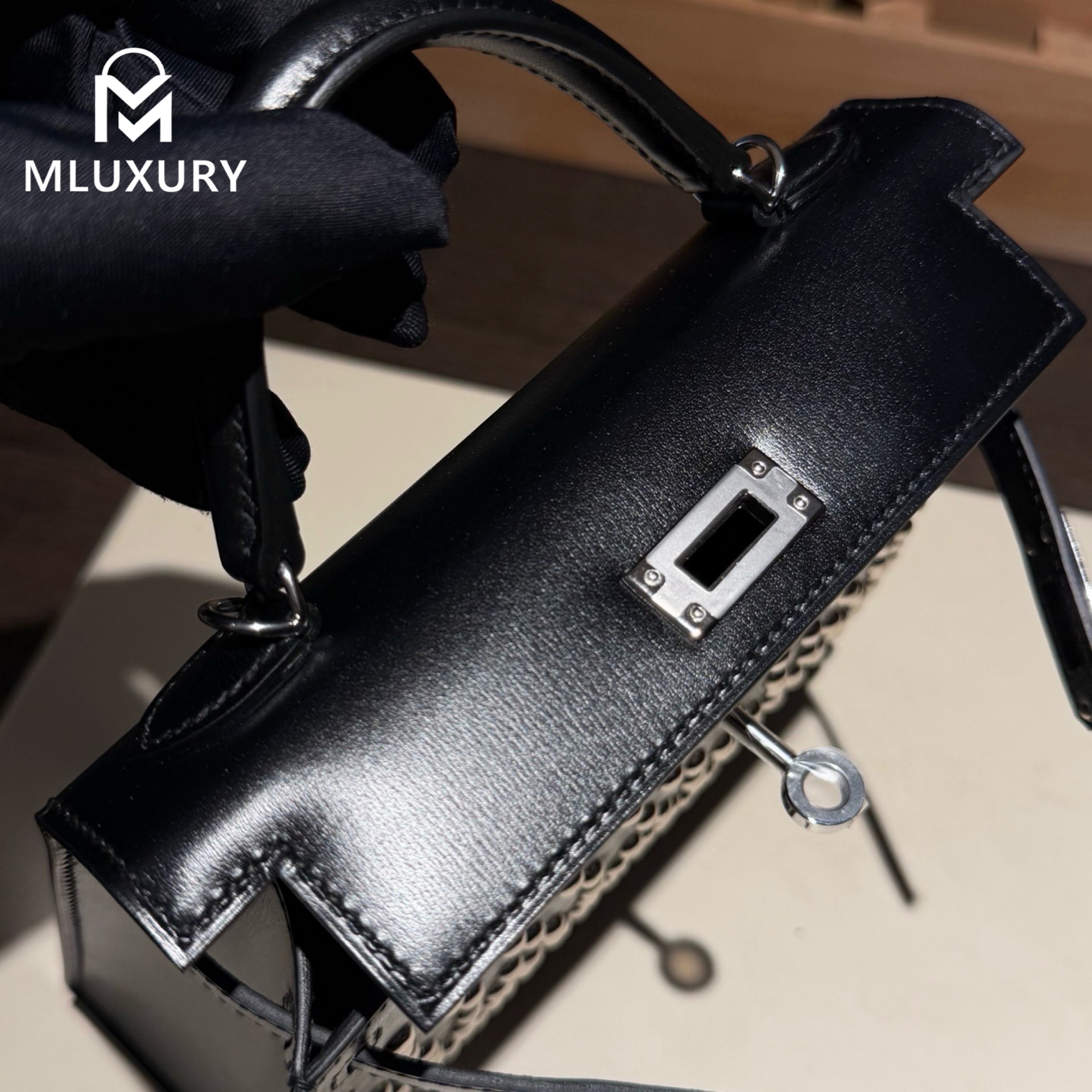 Hermès Mini Kelly II, Box Leather, Studded, Black, Silver Buckle