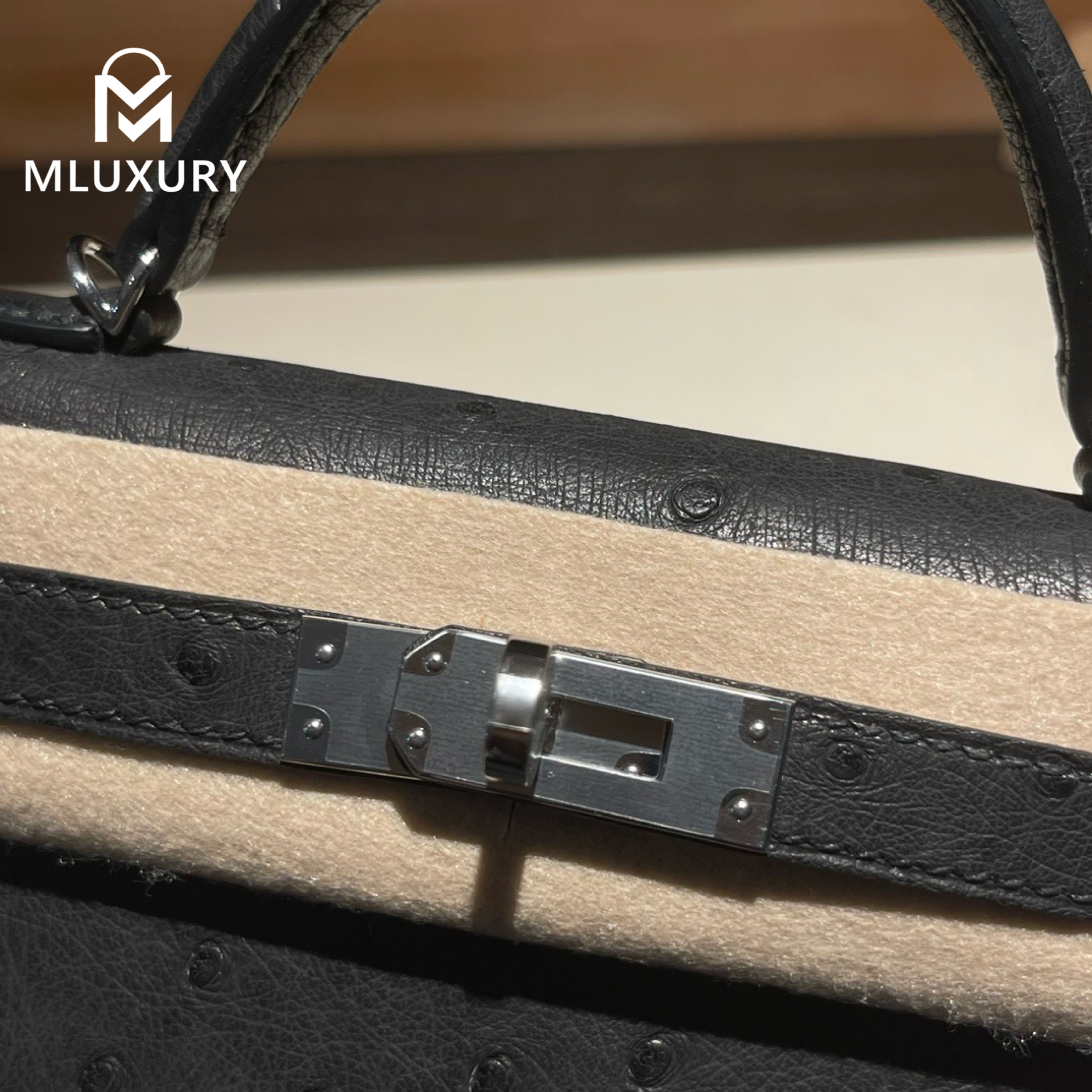 Hermès Mini Kelly II, Ostrich leather, Black, Silver hardware