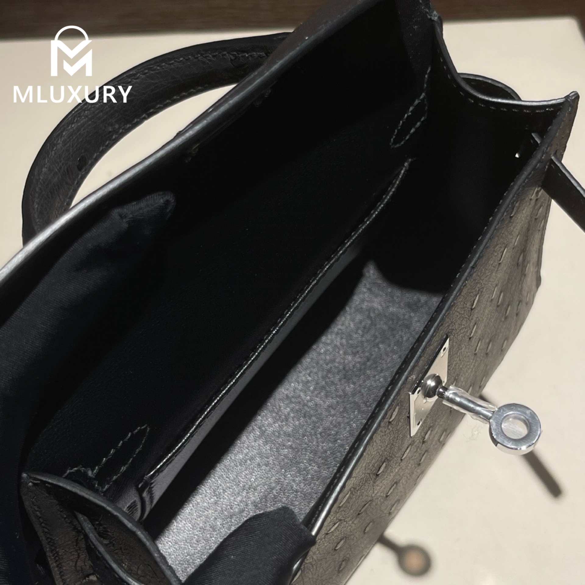 Hermès Mini Kelly II, Ostrich leather, Black, Silver hardware