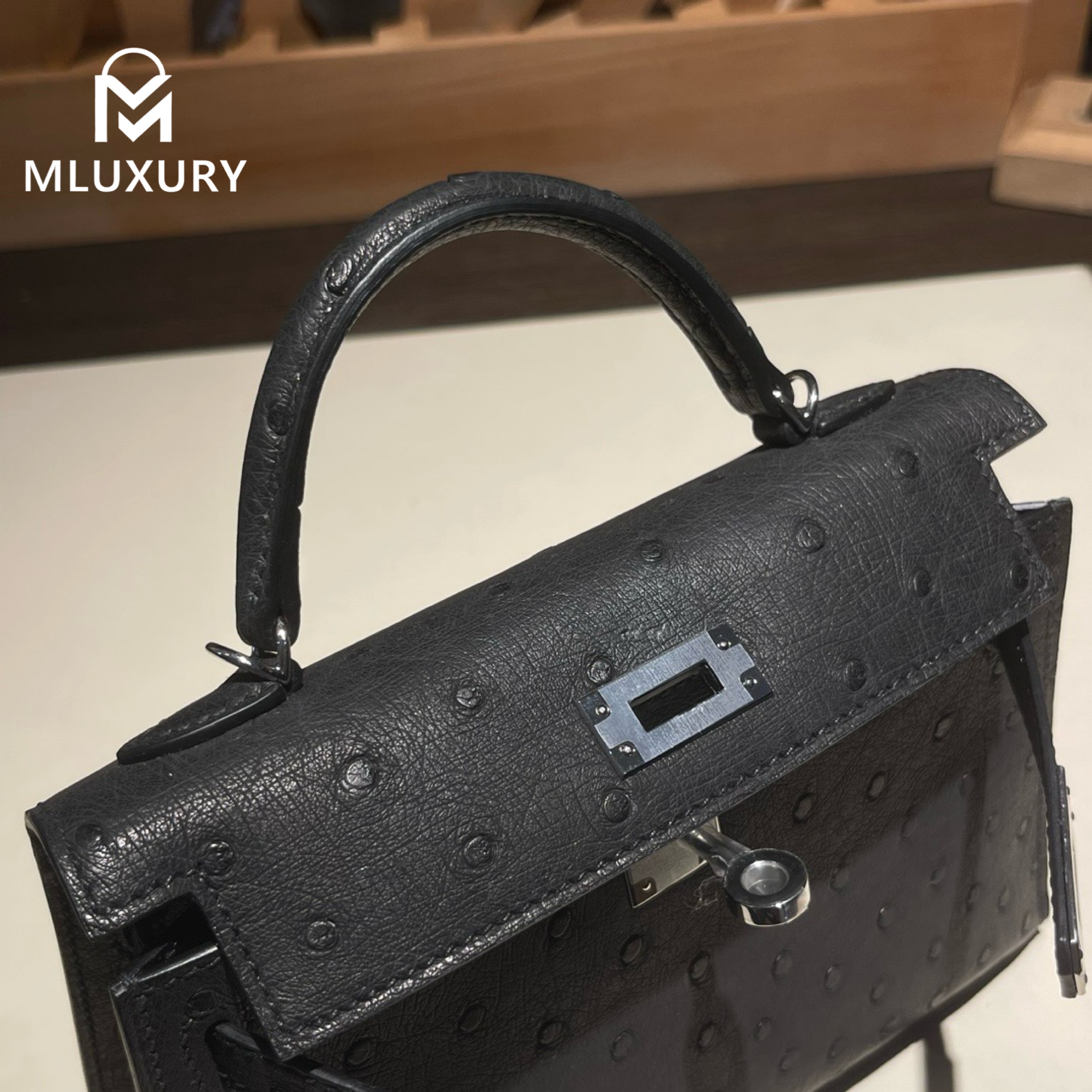 Hermès Mini Kelly II, Ostrich leather, Black, Silver hardware