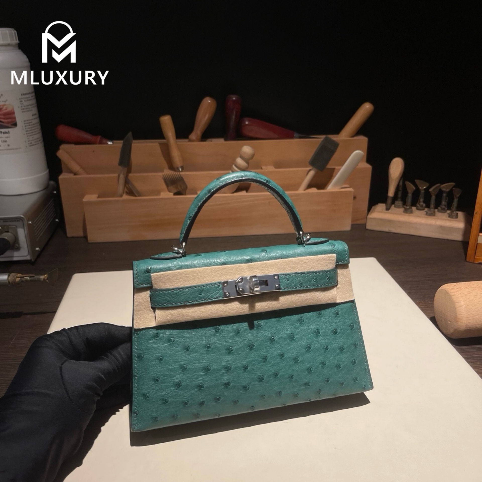 Hermès Mini Kelly II, Ostrich leather, Peacock green, Silver hardware