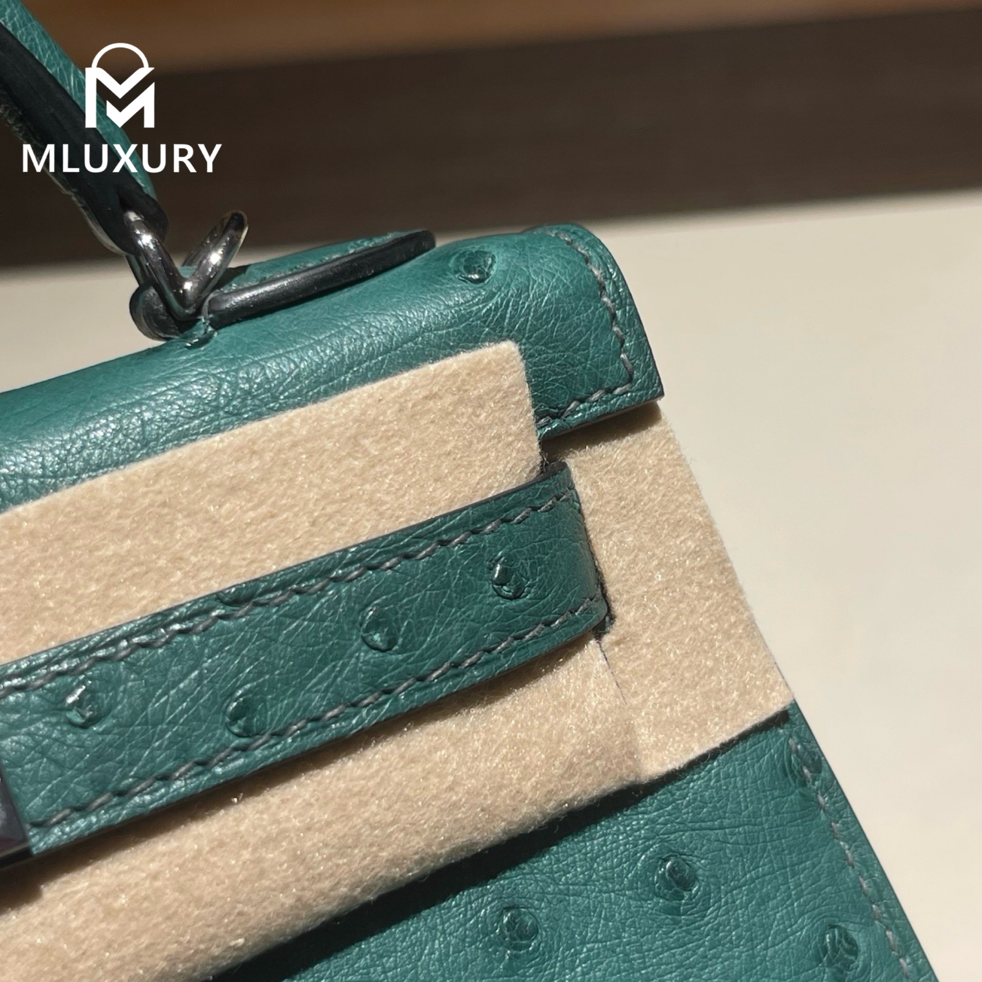 Hermès Mini Kelly II, Ostrich leather, Peacock green, Silver hardware