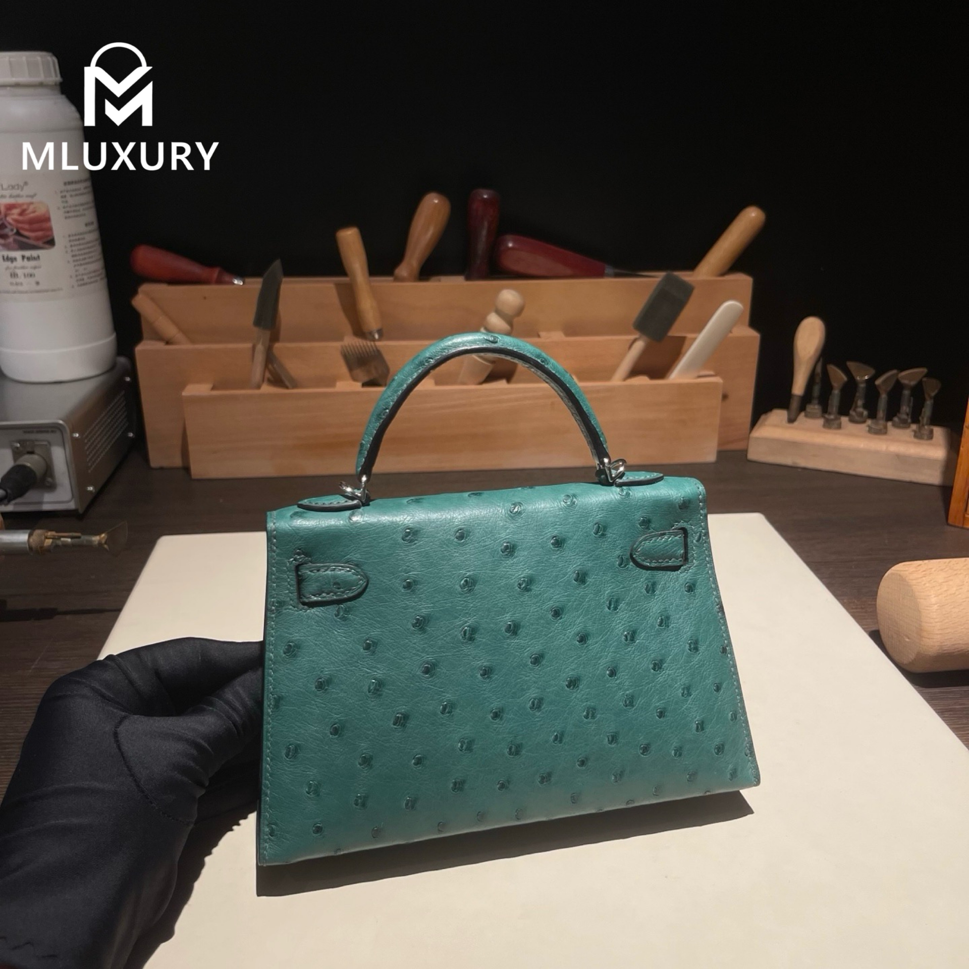 Hermès Mini Kelly II, Ostrich leather, Peacock green, Silver hardware