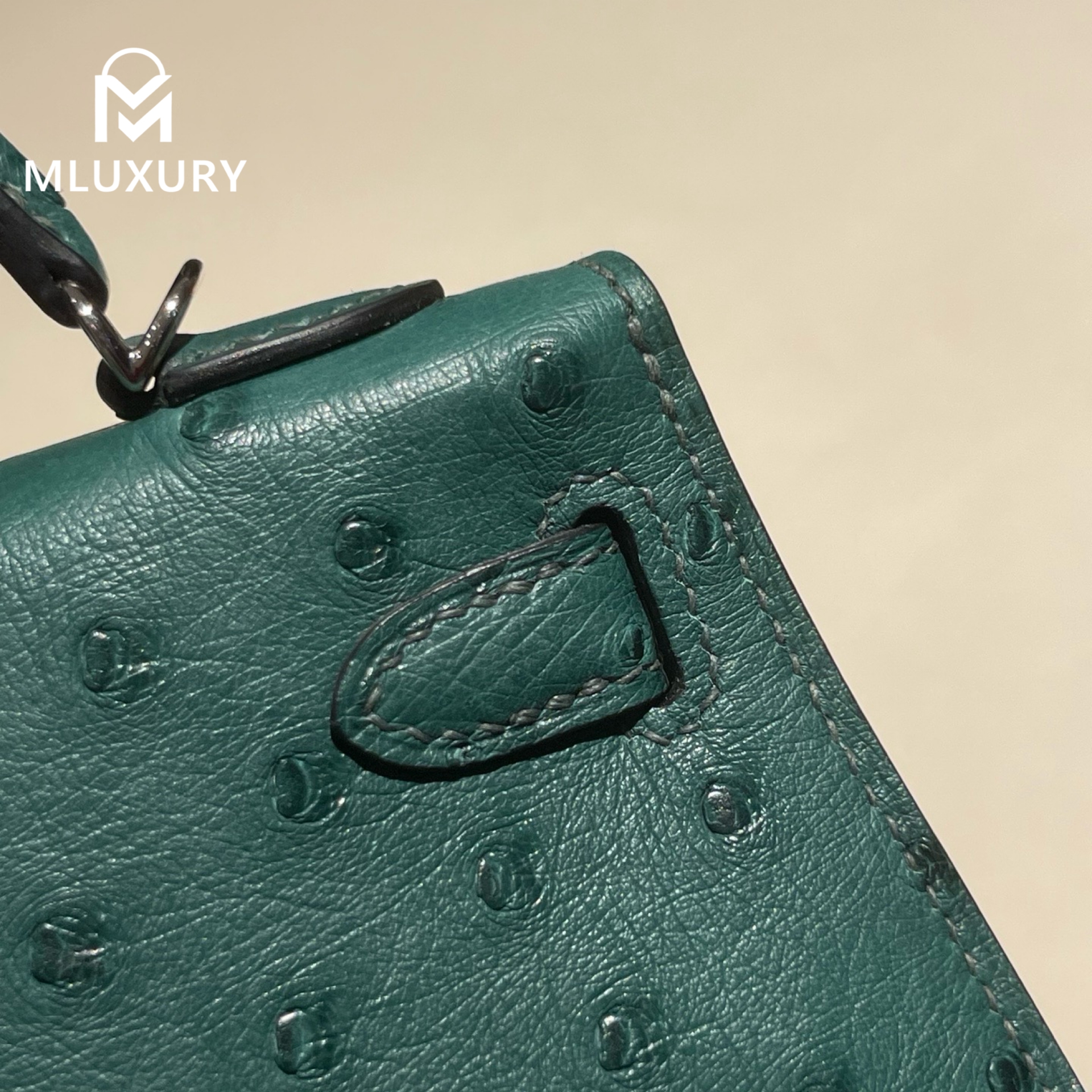 Hermès Mini Kelly II, Ostrich leather, Peacock green, Silver hardware