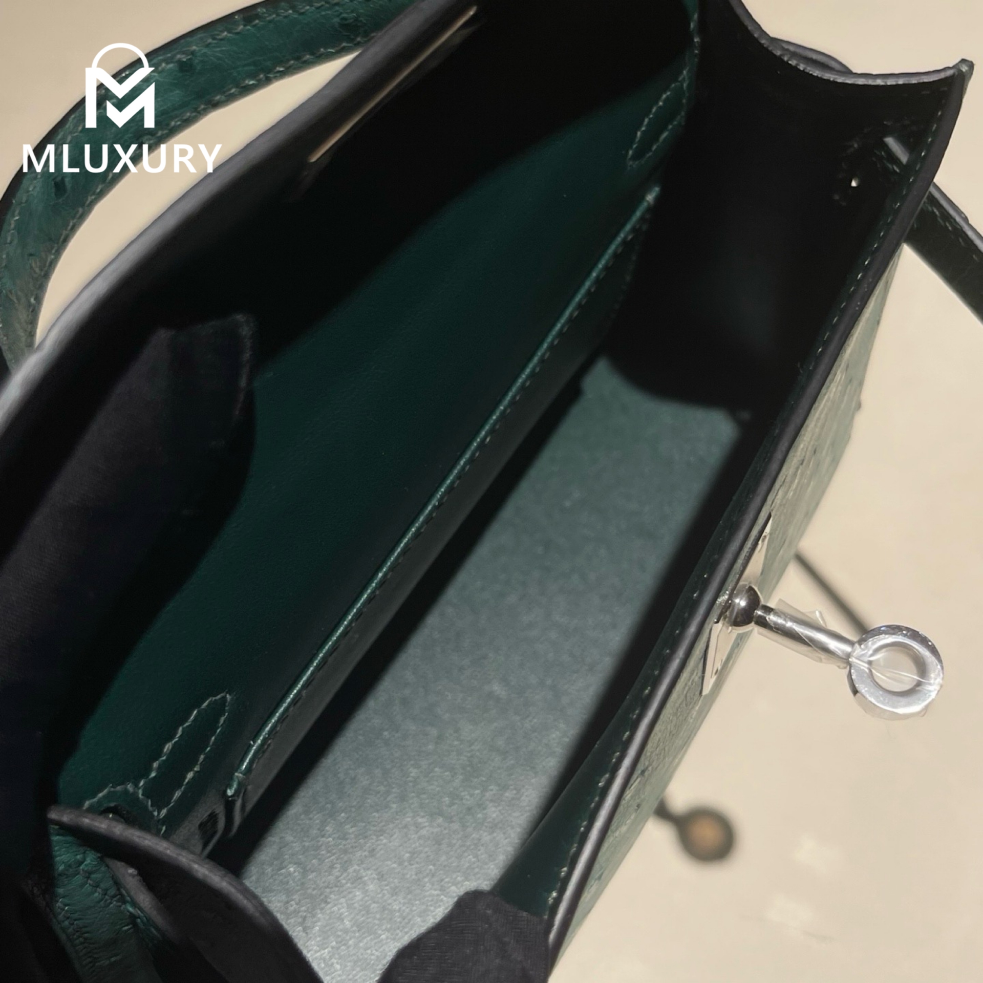 Hermès Mini Kelly II, Ostrich leather, Peacock green, Silver hardware