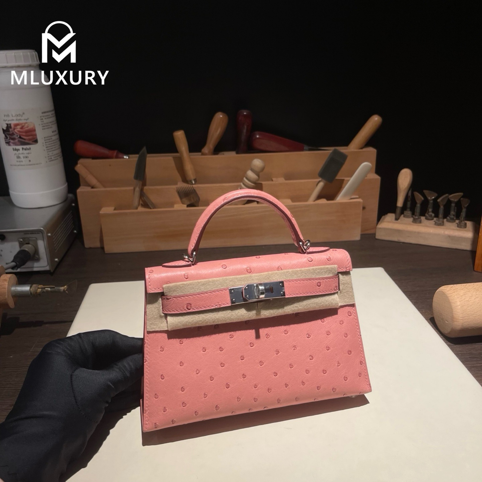 Hermès Mini Kelly II, Ostrich leather, Ceramic pink finish, Silver hardware