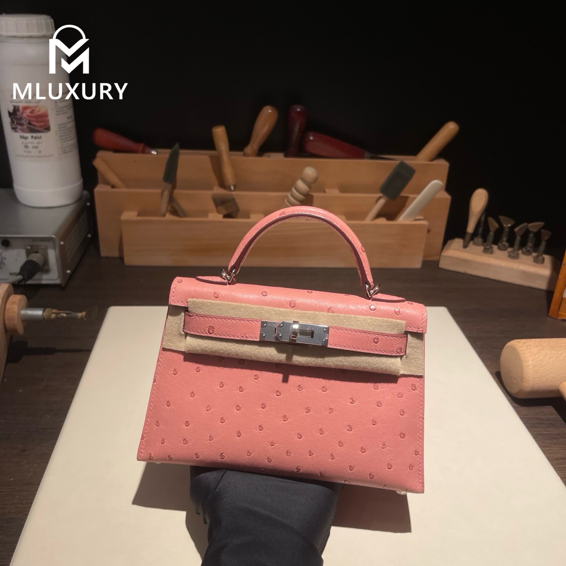 Hermès Mini Kelly II, Ostrich leather, Ceramic pink finish, Silver hardware