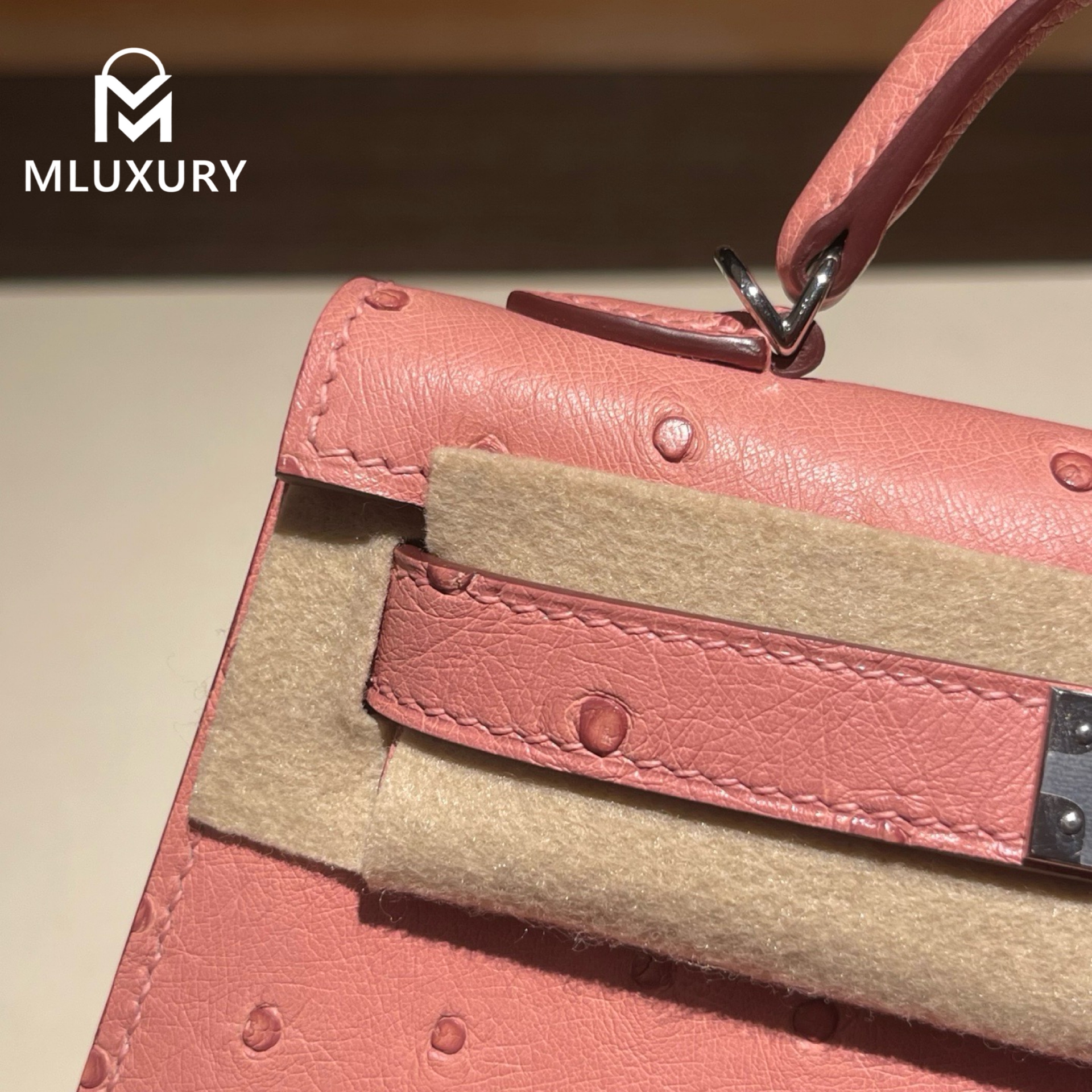 Hermès Mini Kelly II, Ostrich leather, Ceramic pink finish, Silver hardware