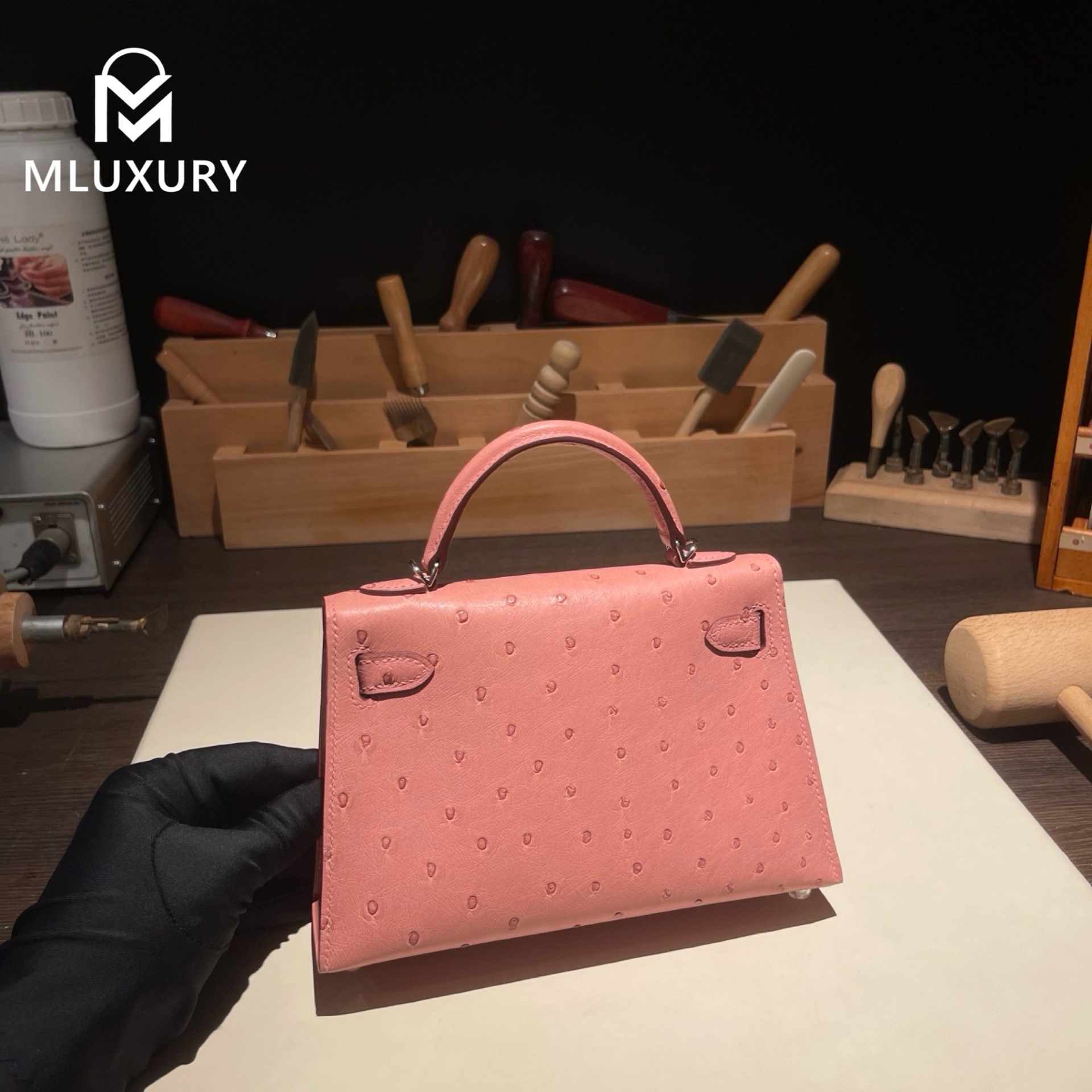 Hermès Mini Kelly II, Ostrich leather, Ceramic pink finish, Silver hardware