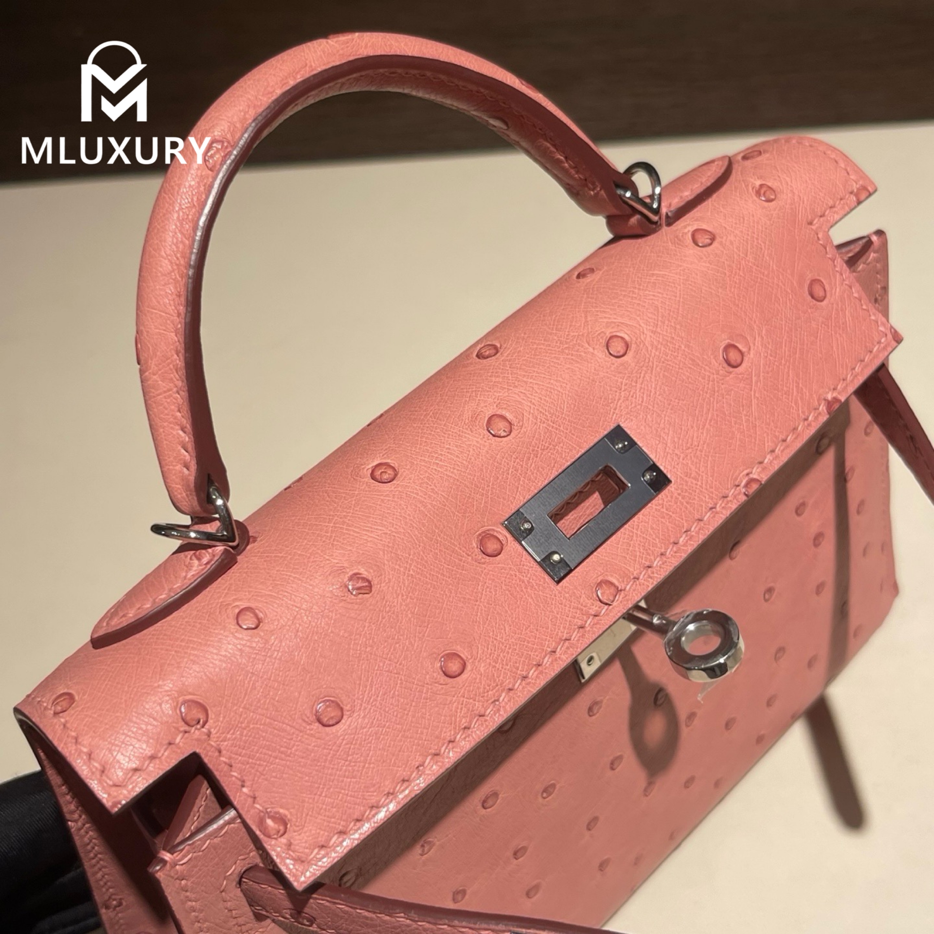 Hermès Mini Kelly II, Ostrich leather, Ceramic pink finish, Silver hardware