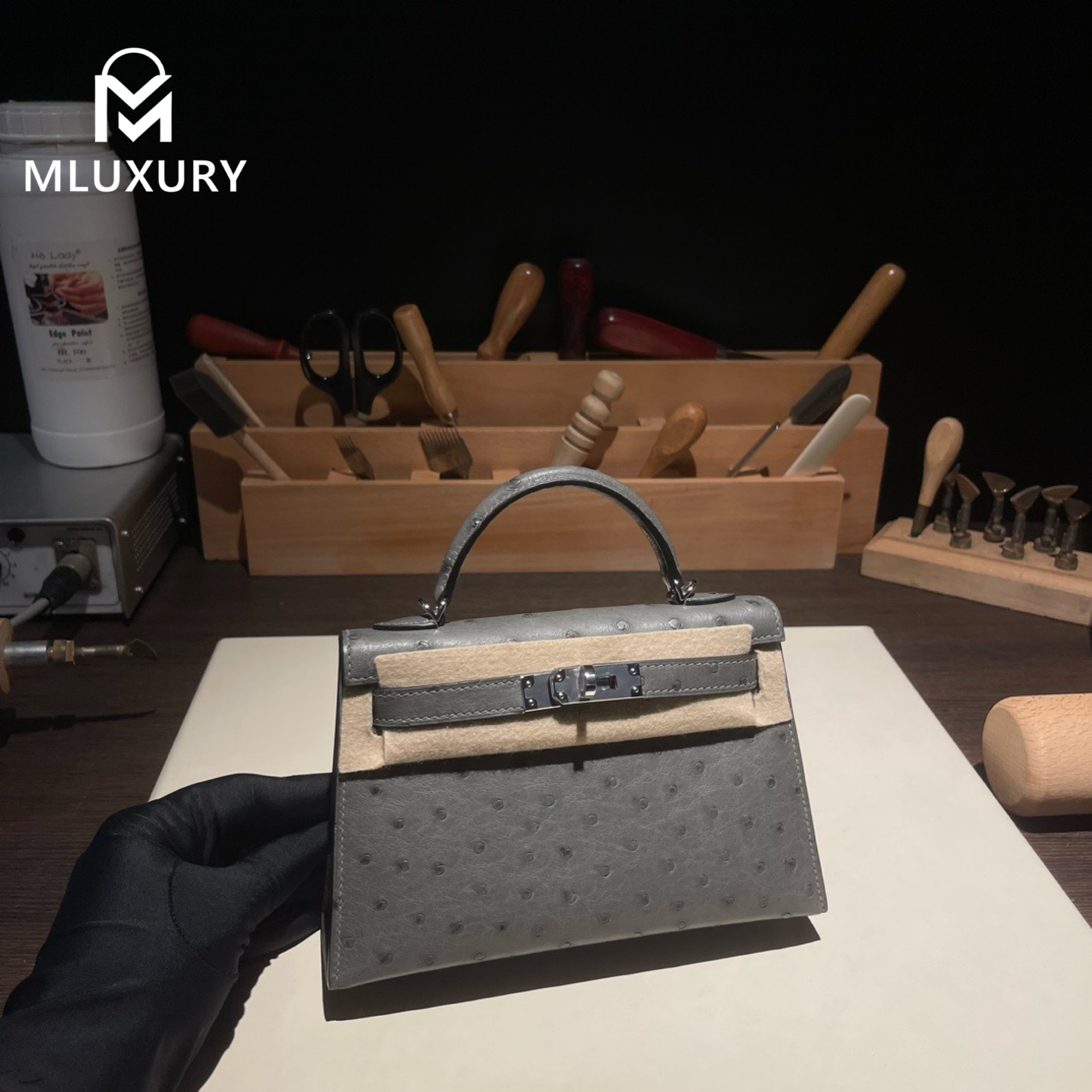 Hermès Mini Kelly II, Ostrich leather, Cumulonimbus grey, Silver hardware