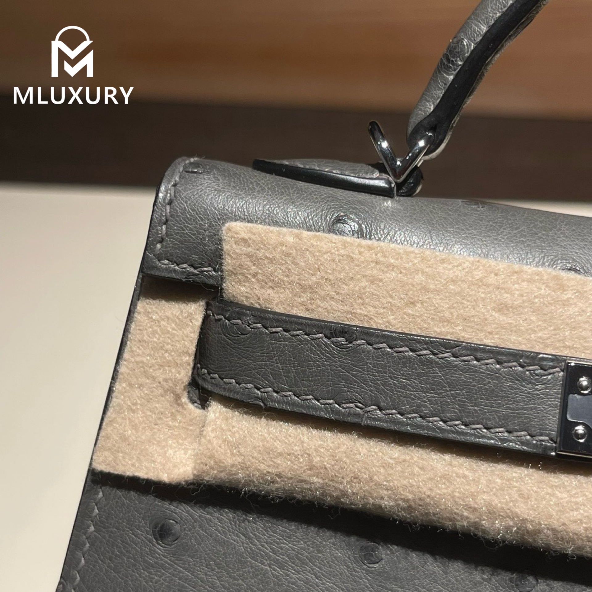 Hermès Mini Kelly II, Ostrich leather, Cumulonimbus grey, Silver hardware