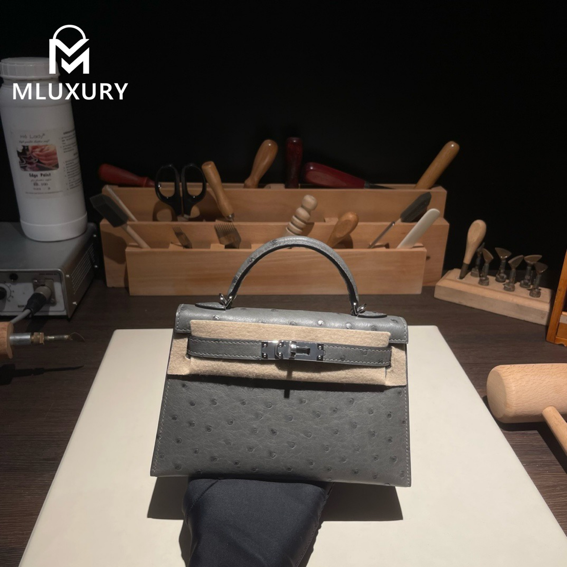 Hermès Mini Kelly II, Ostrich leather, Cumulonimbus grey, Silver hardware