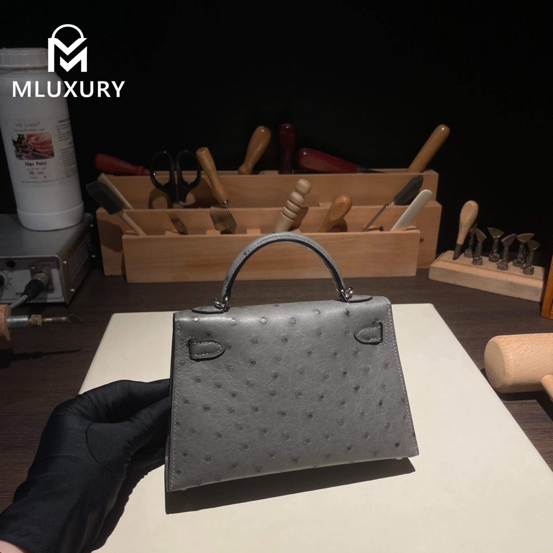 Hermès Mini Kelly II, Ostrich leather, Cumulonimbus grey, Silver hardware