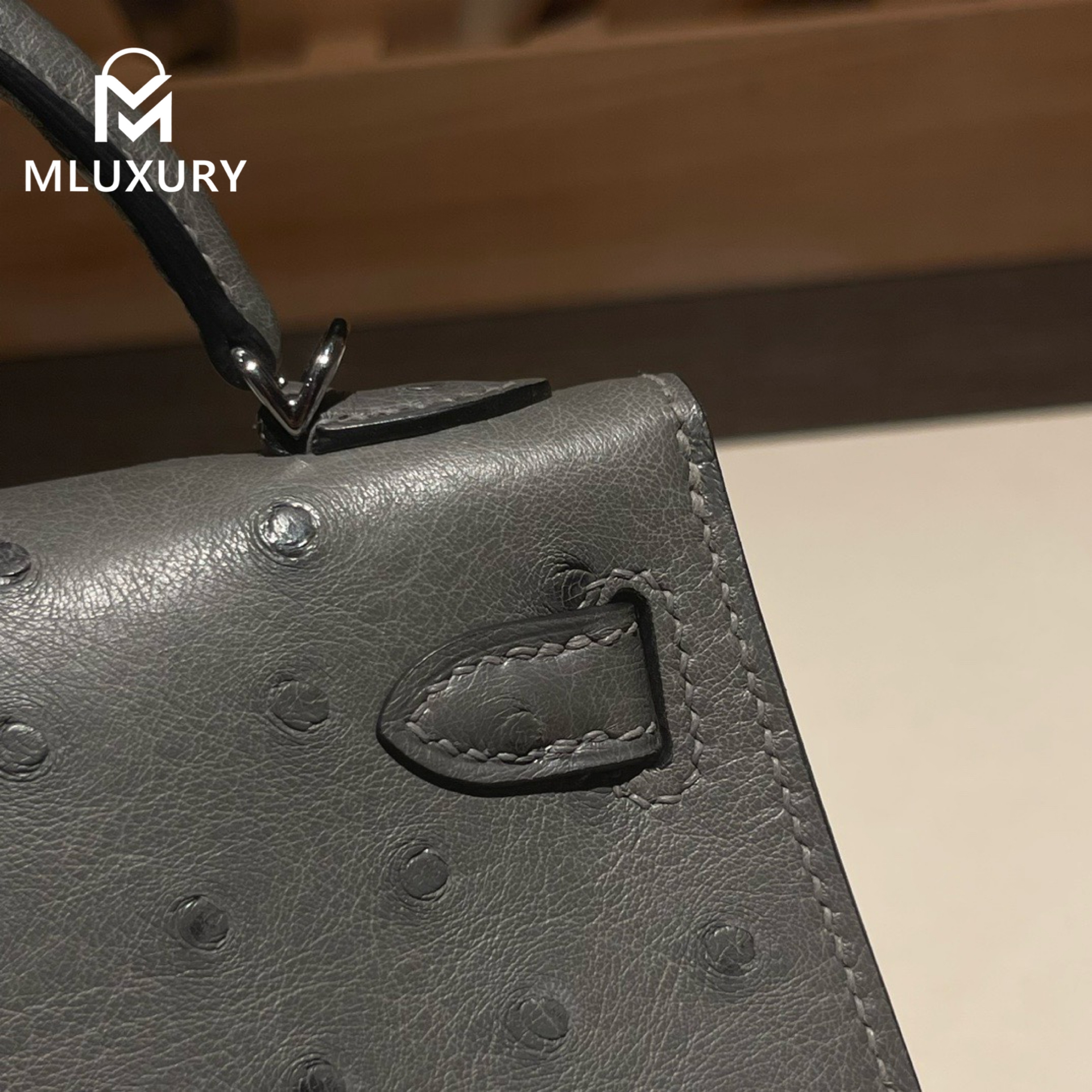 Hermès Mini Kelly II, Ostrich leather, Cumulonimbus grey, Silver hardware
