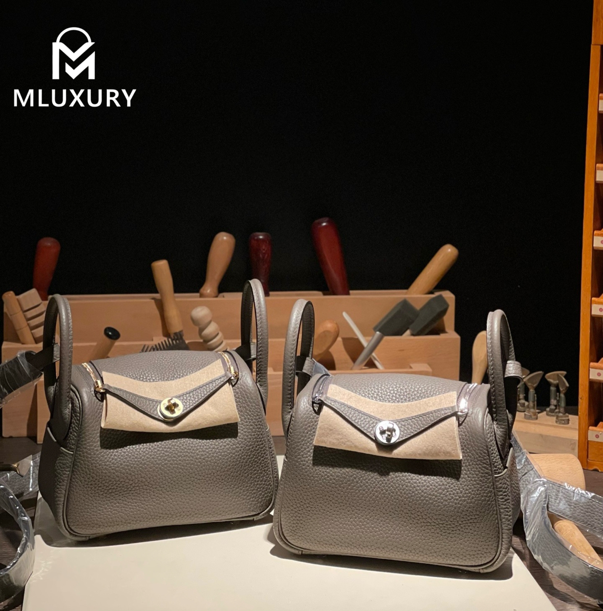 Hermès Mini Lindy II, TC leather, Pewter grey, Gold and Silver hardware
