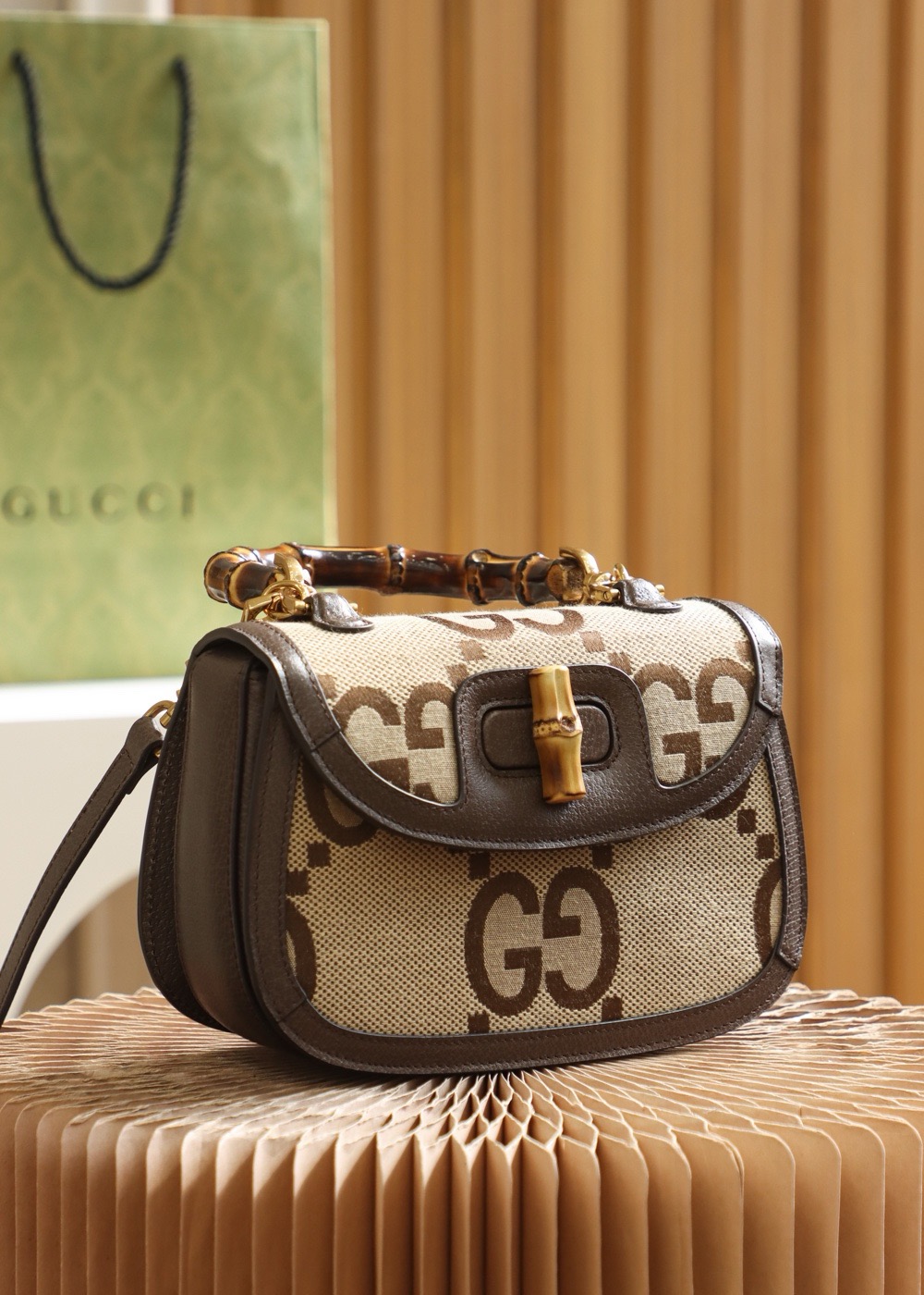 GUCCI GG Pattern Bamboo Bag, Original Leather