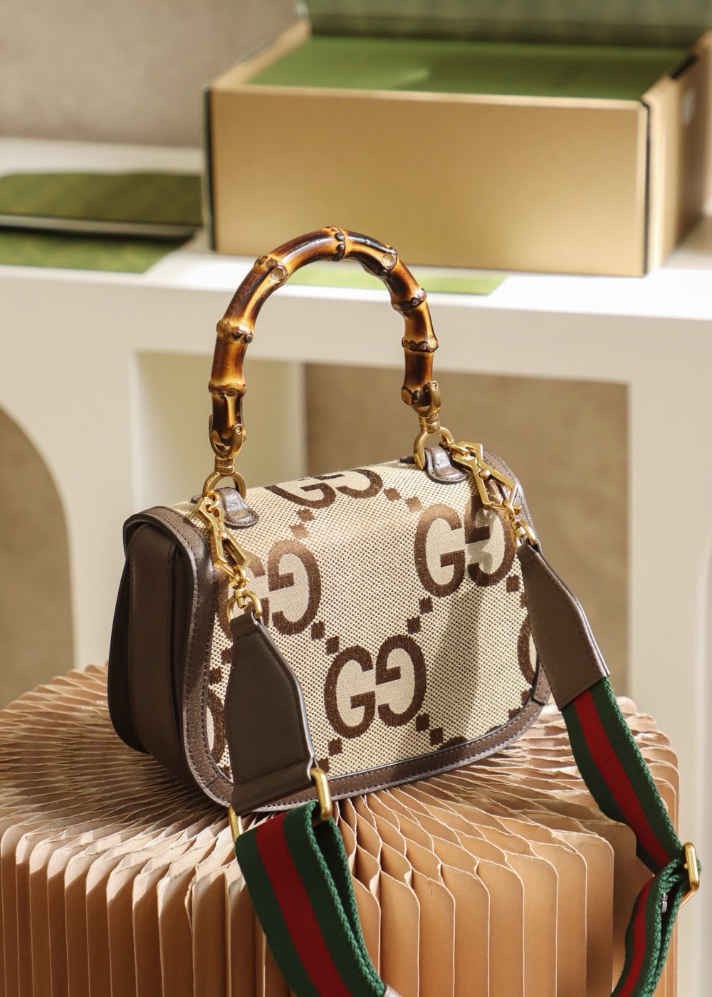 GUCCI GG Pattern Bamboo Bag, Original Leather