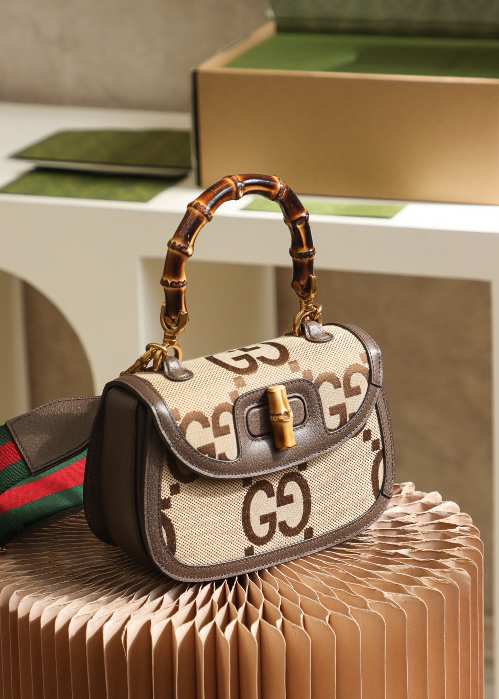 GUCCI GG Pattern Bamboo Bag, Original Leather