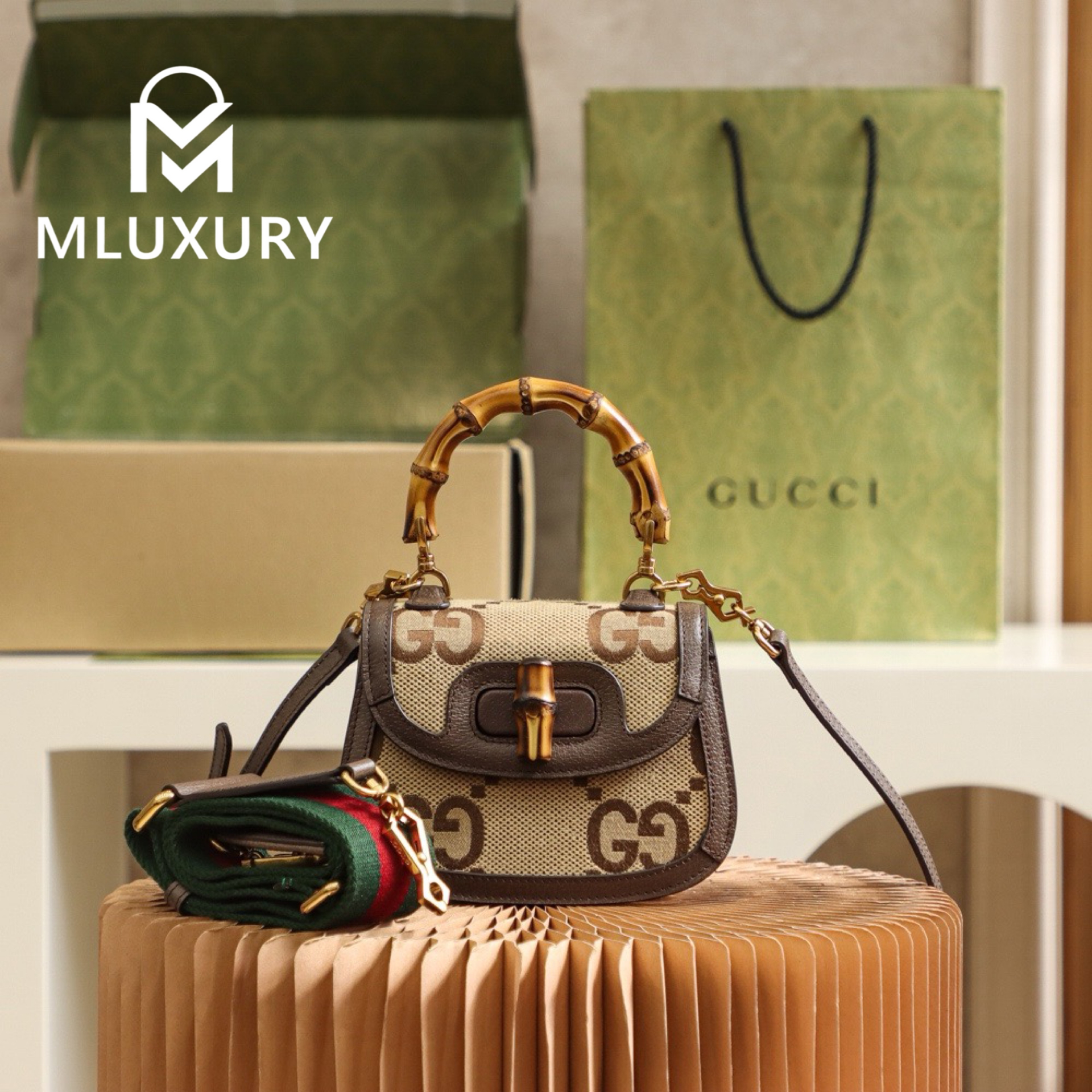 GUCCI Mini GG Pattern Bamboo Bag, Original Leather