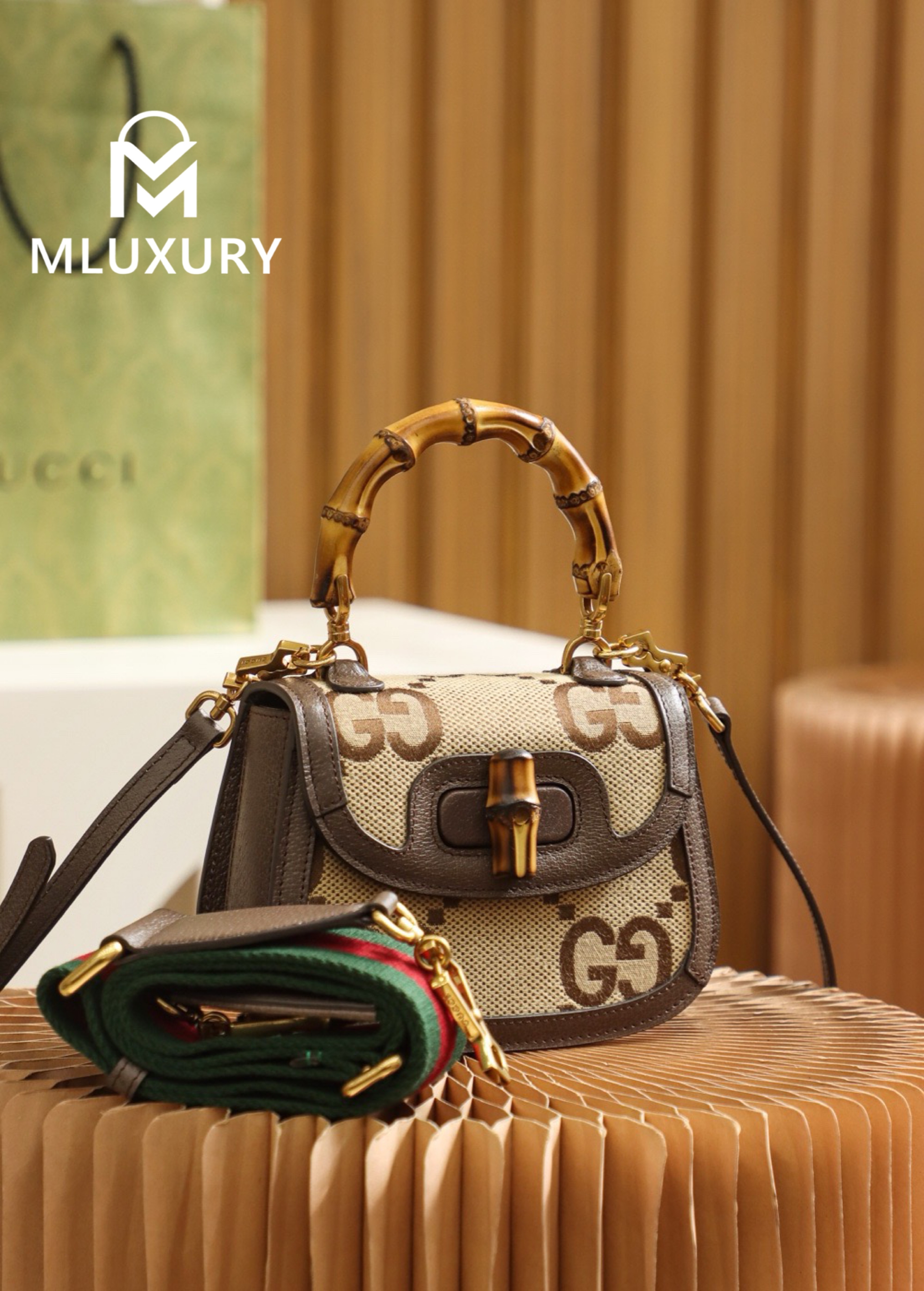 GUCCI Mini GG Pattern Bamboo Bag, Original Leather