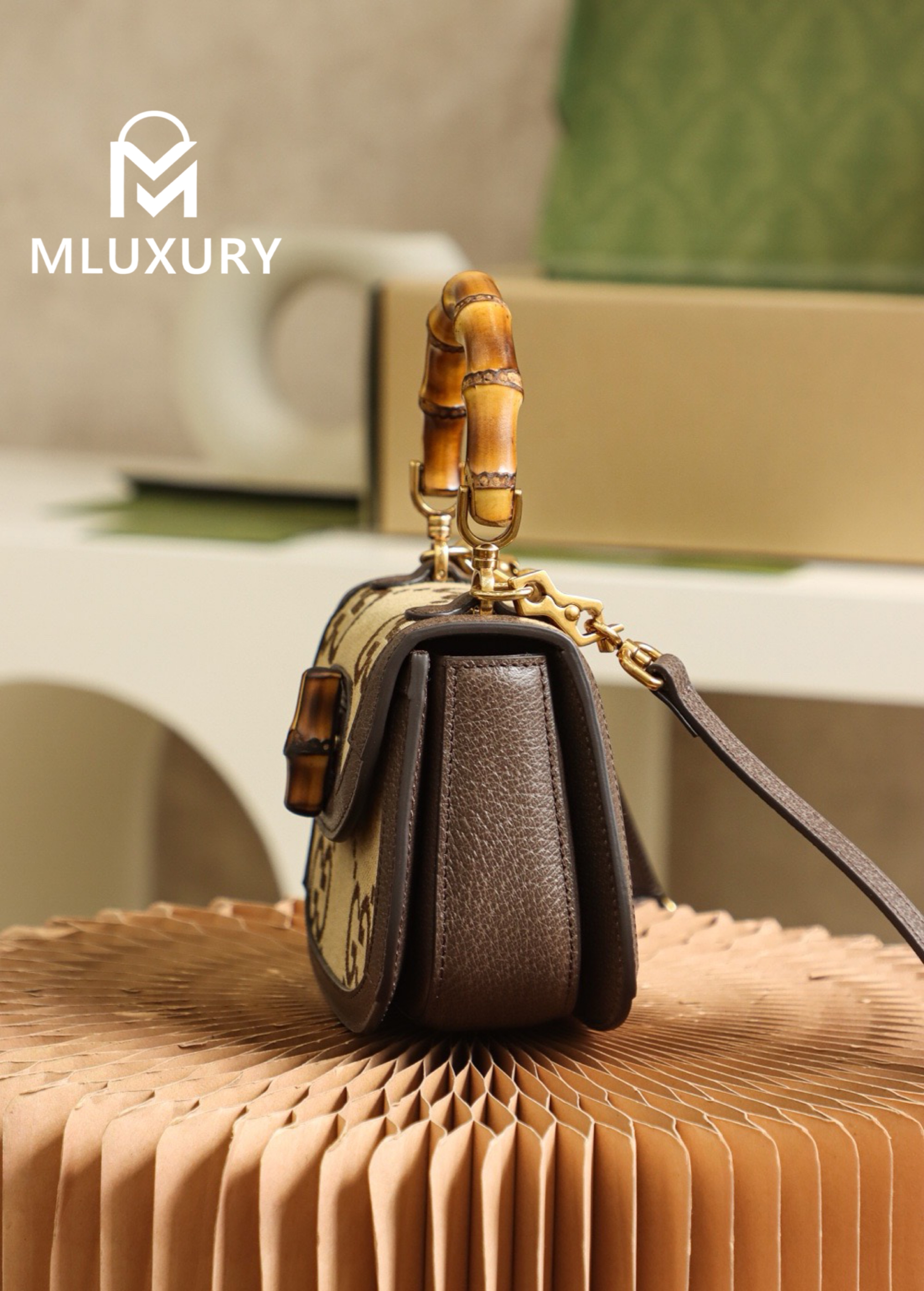 GUCCI Mini GG Pattern Bamboo Bag, Original Leather