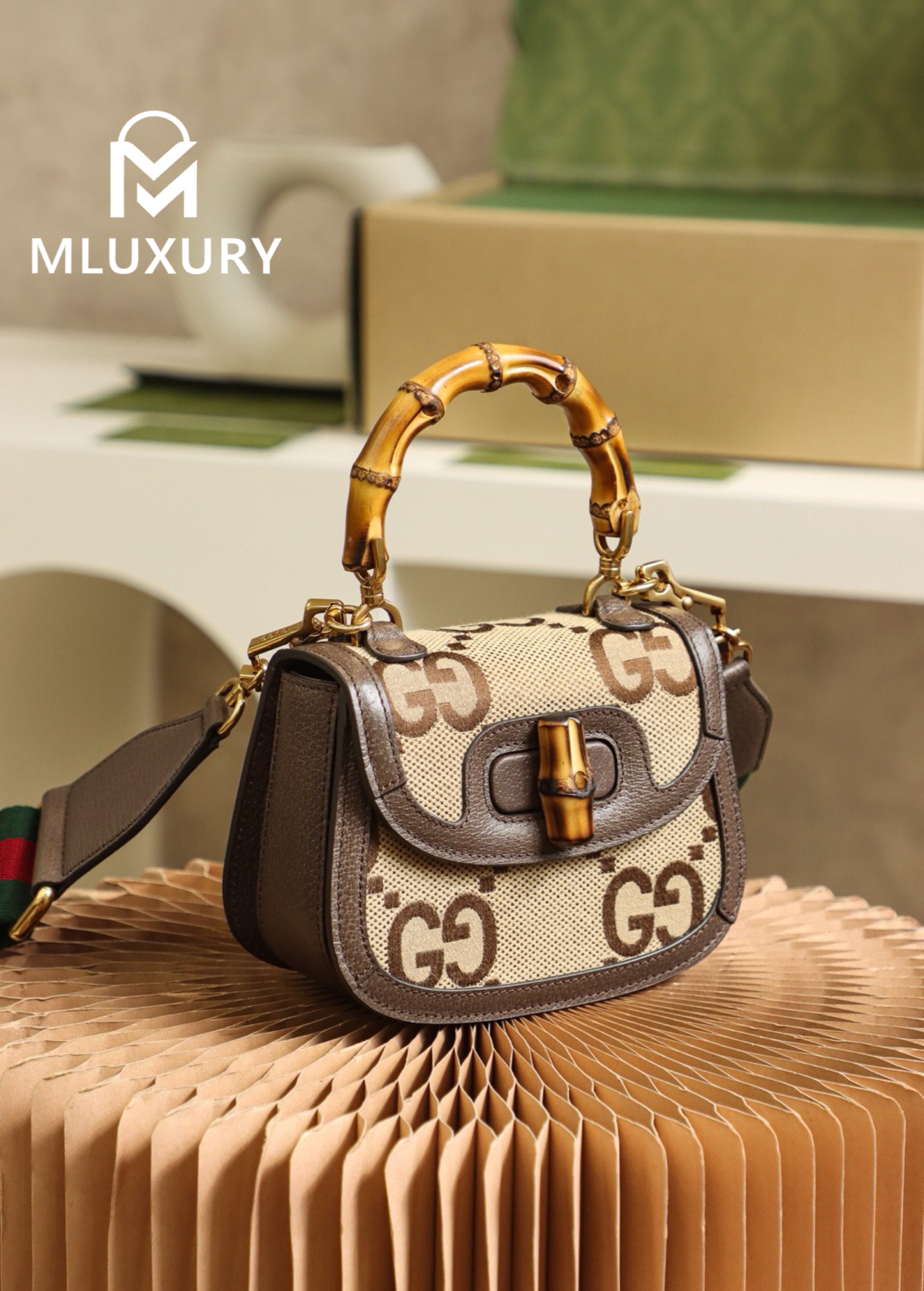 GUCCI Mini GG Pattern Bamboo Bag, Original Leather