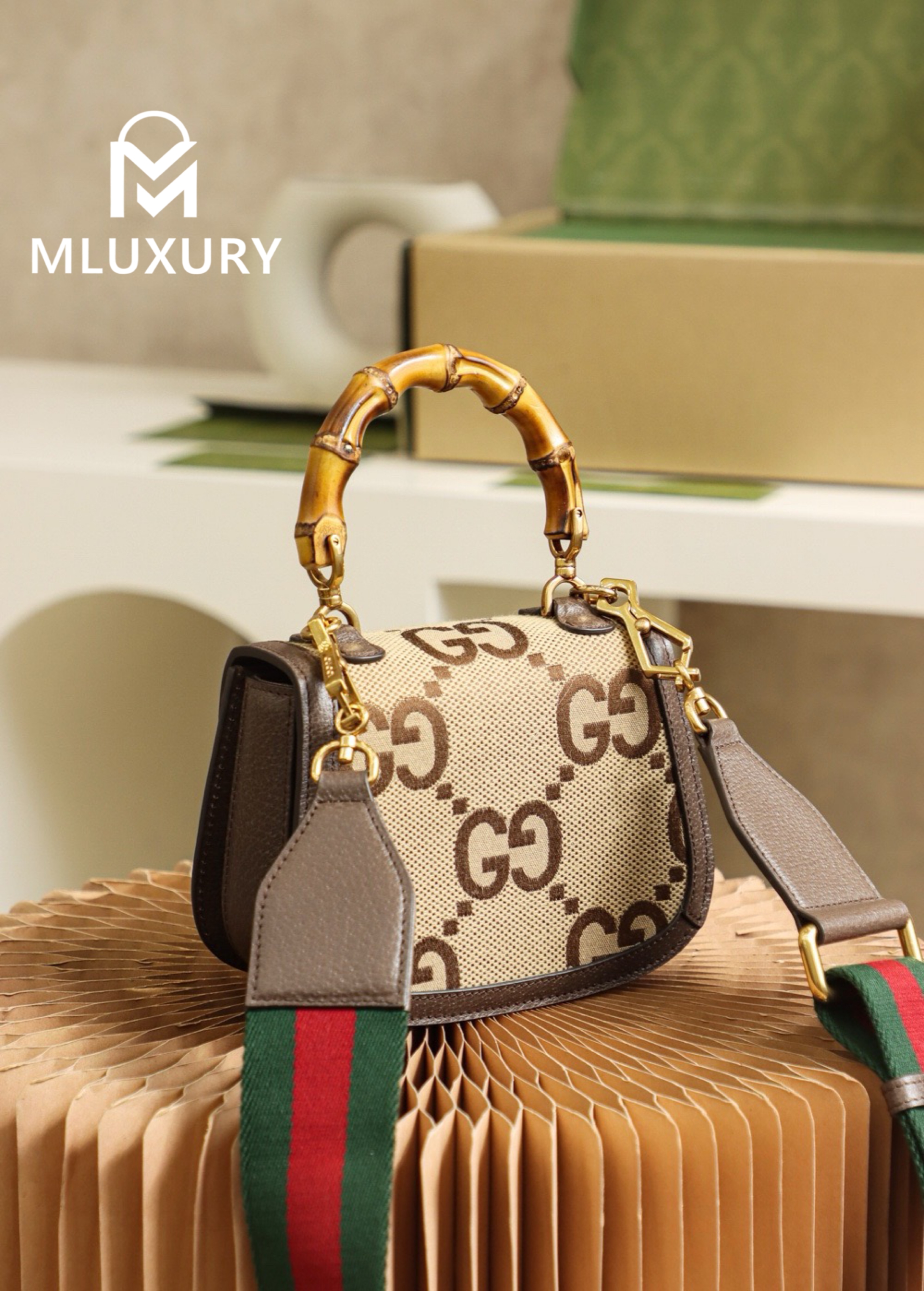 GUCCI Mini GG Pattern Bamboo Bag, Original Leather
