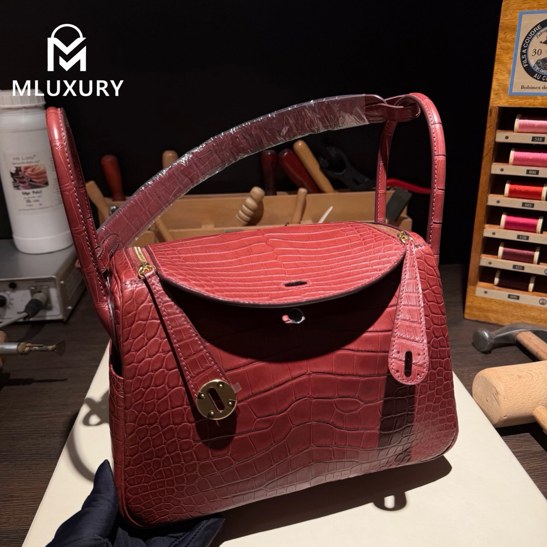 Hermès Mini Lindy II, Matte crocodile leather, Hermès red, 24k gold-plated brass hardware