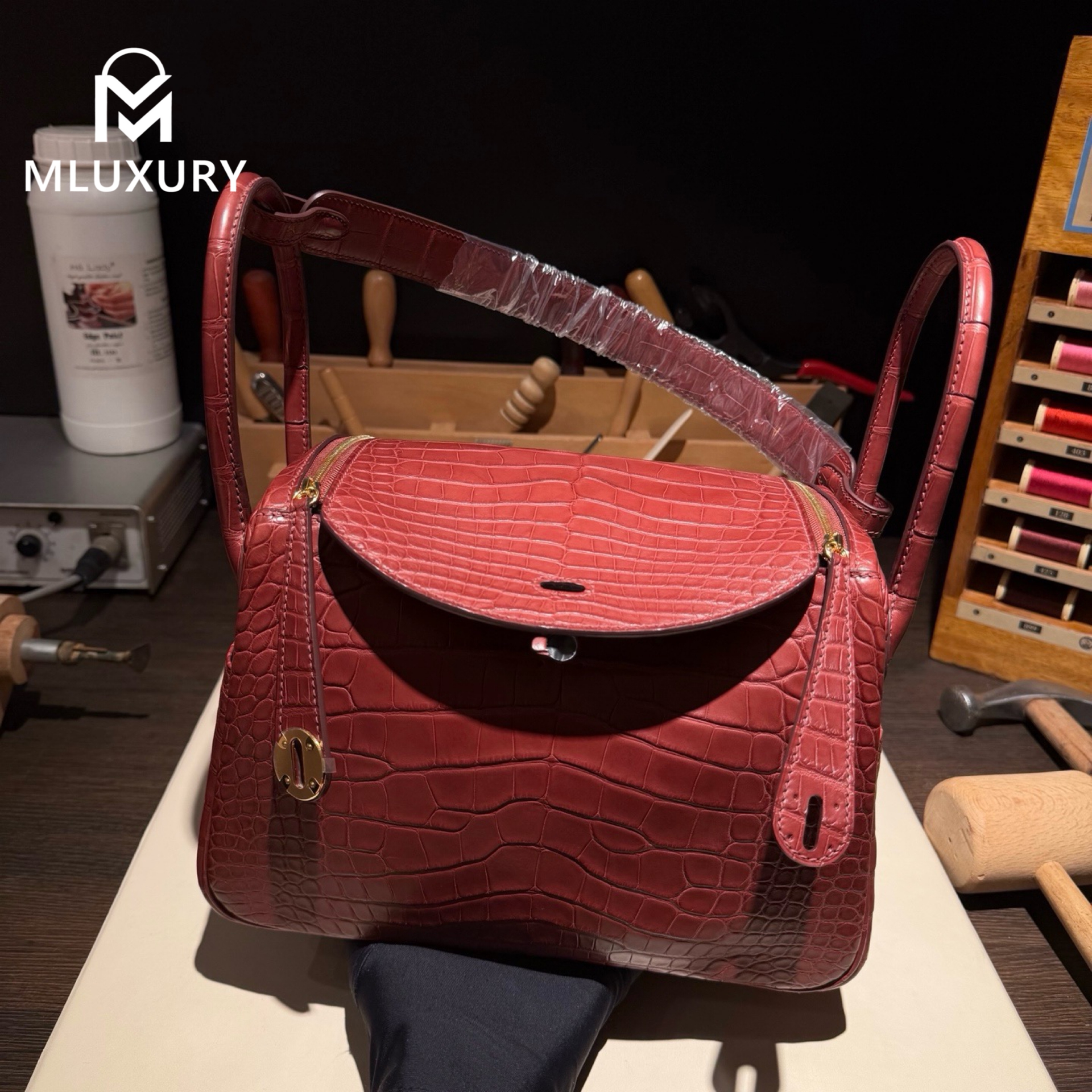 Hermès Mini Lindy II, Matte crocodile leather, Hermès red, 24k gold-plated brass hardware