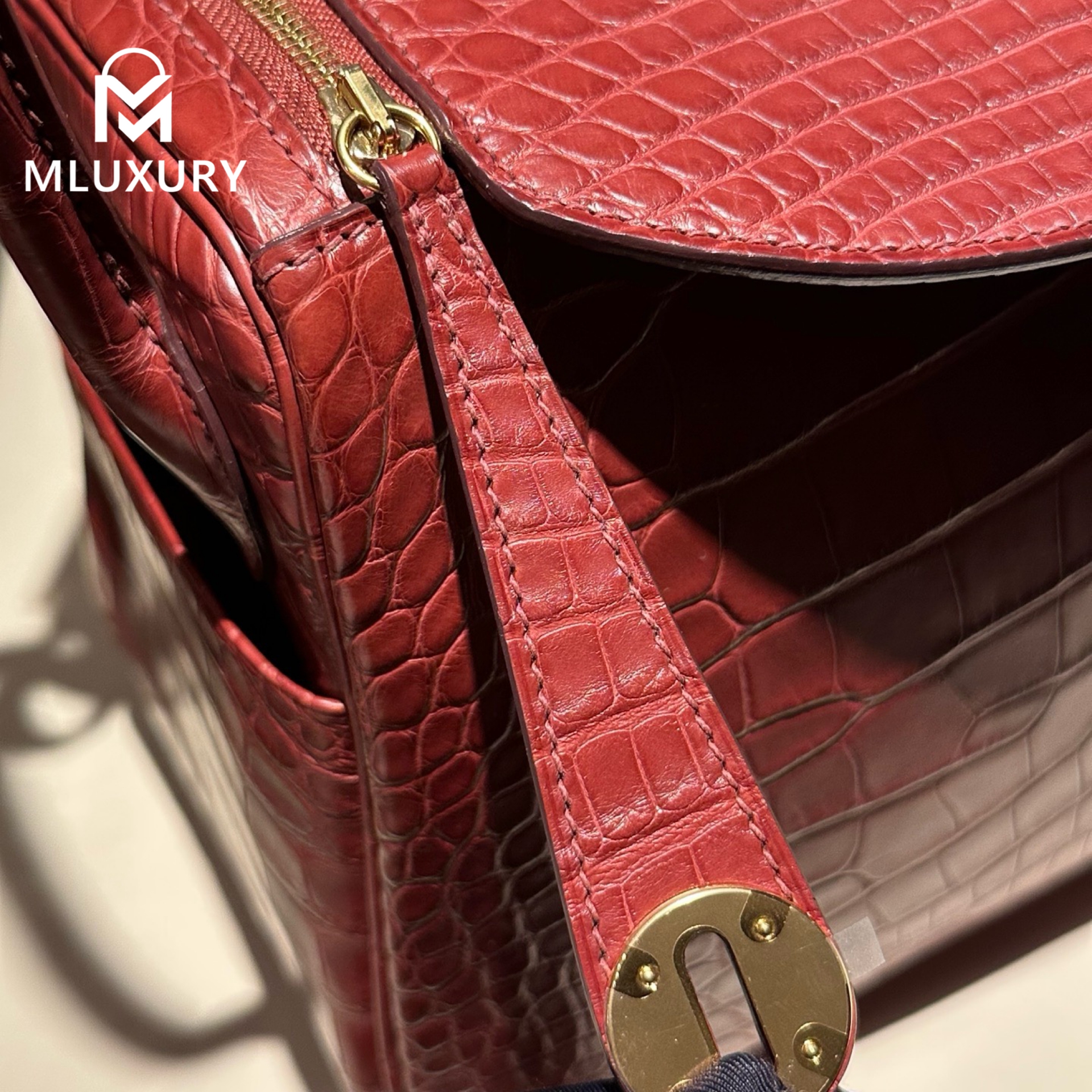 Hermès Mini Lindy II, Matte crocodile leather, Hermès red, 24k gold-plated brass hardware