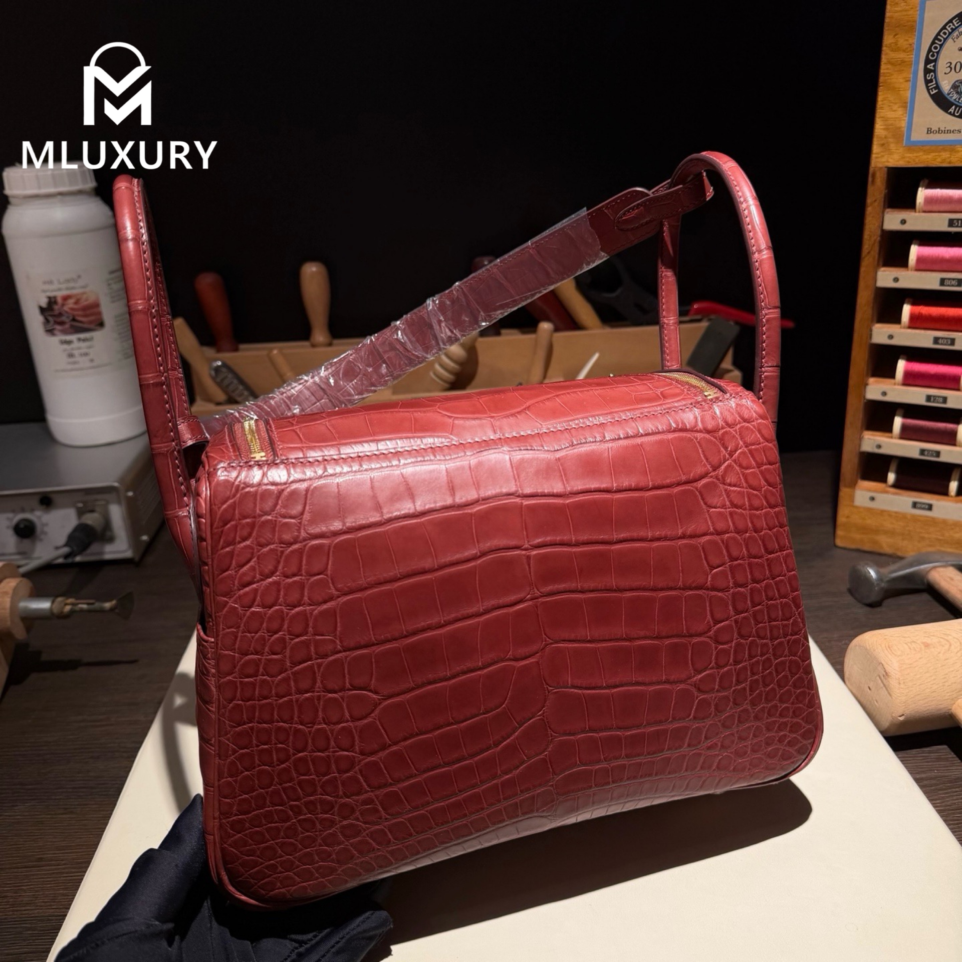 Hermès Mini Lindy II, Matte crocodile leather, Hermès red, 24k gold-plated brass hardware