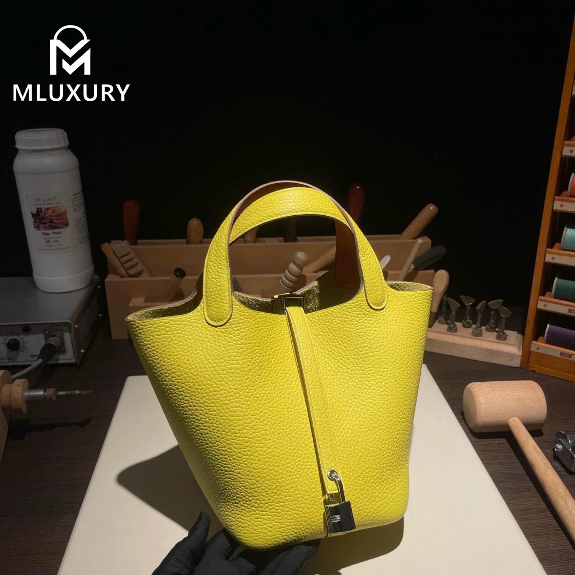 Hermès Picotin 18, genuine TC leather, Lemon yellow interior with orange accents, Gold hardware