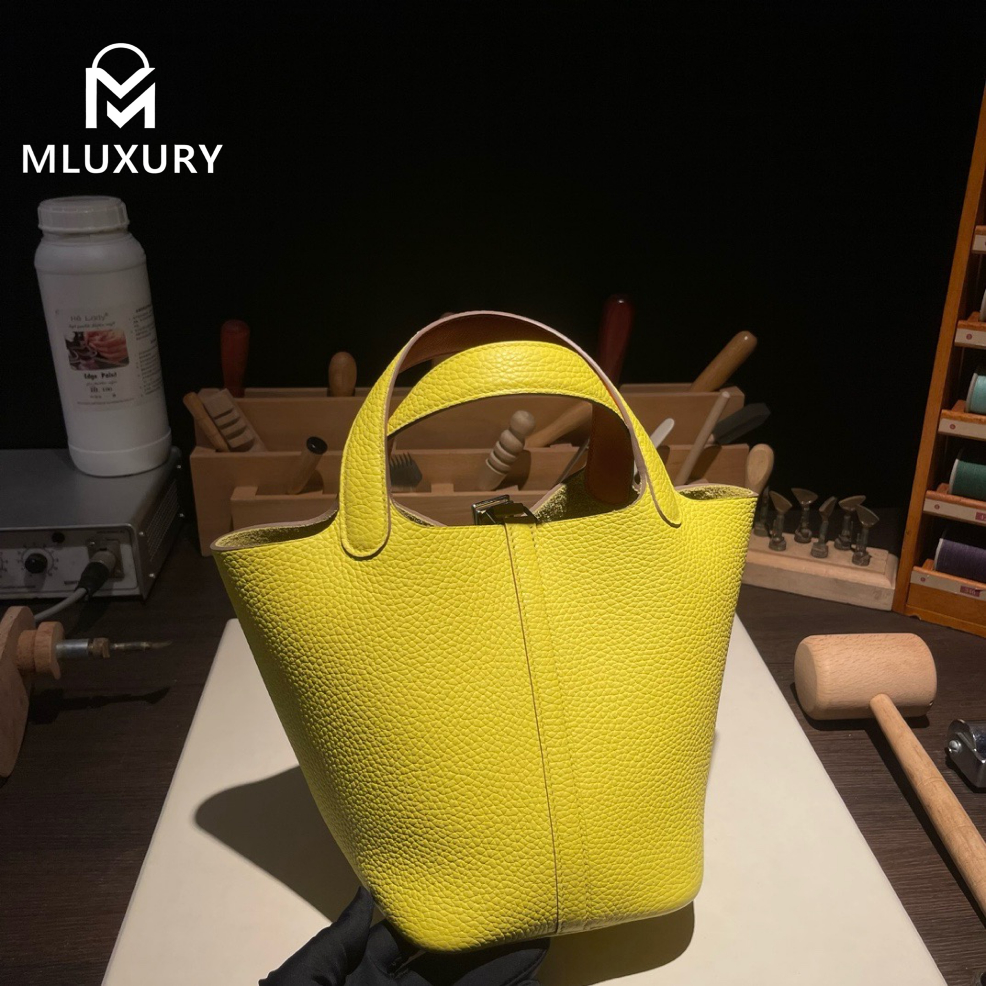 Hermès Picotin 18, genuine TC leather, Lemon yellow interior with orange accents, Gold hardware