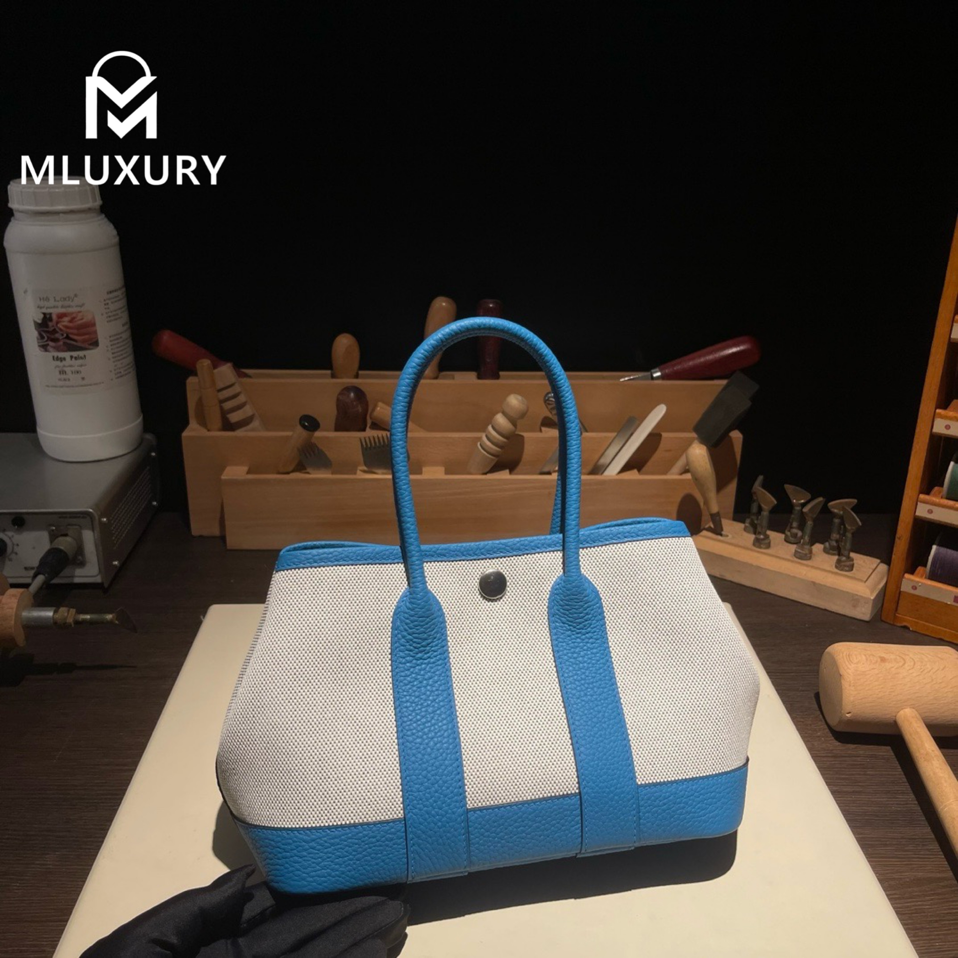 Hermès Mini Garden Part, original Togo leather patchwork, Tanzanian blue, silver hardware
