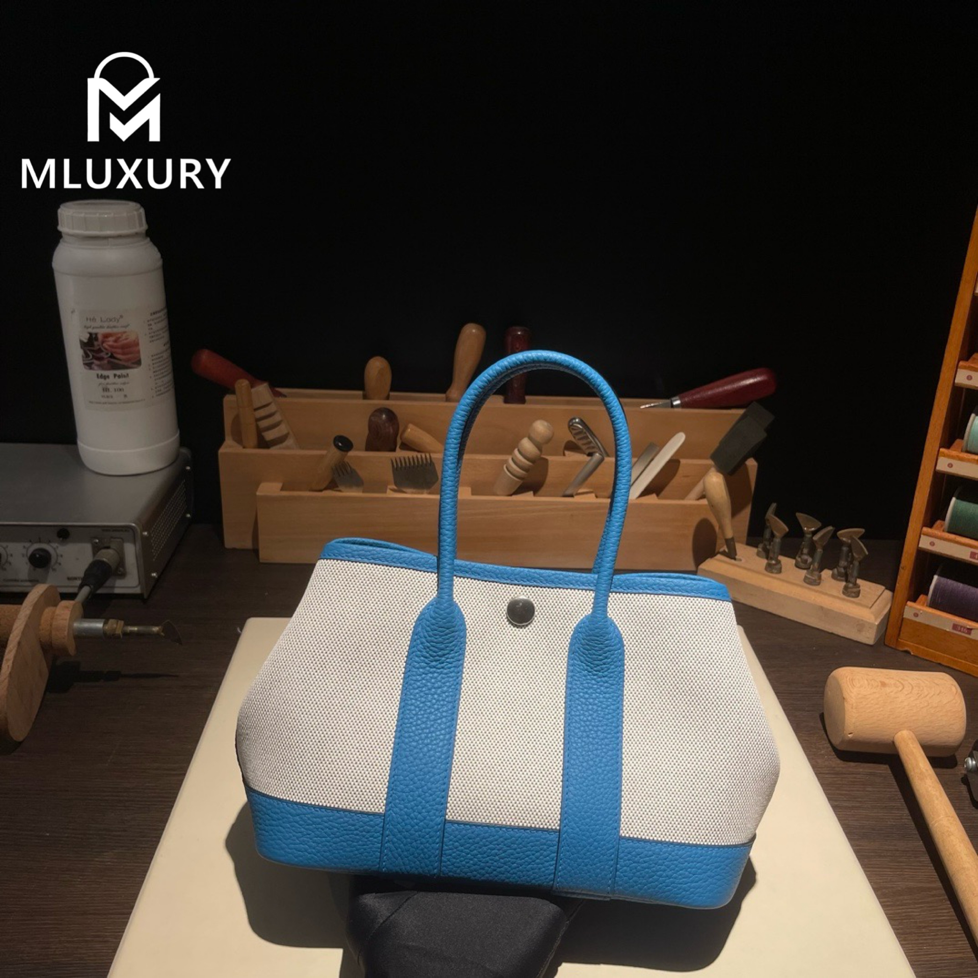 Hermès Mini Garden Part, original Togo leather patchwork, Tanzanian blue, silver hardware