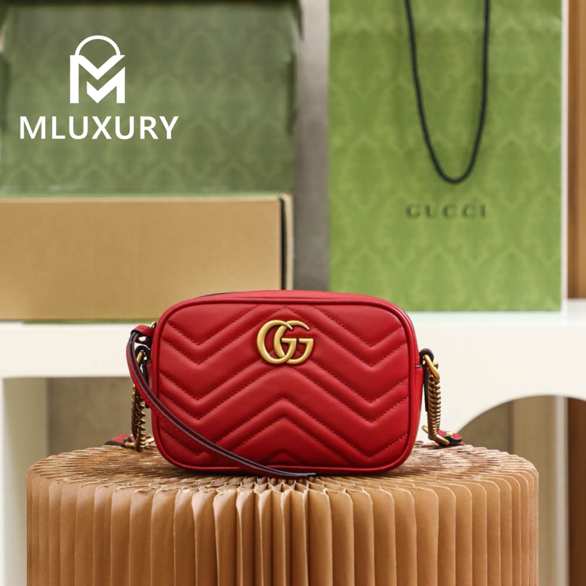 GUCCI Marmont Camera Bag, Genuine Leather, Red